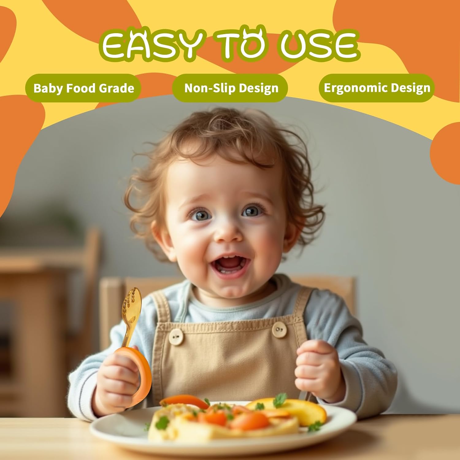 Toddler Forks and Spoons Set,Baby Utensils 12-18 Months with Silicone Easy-Grip Handle & Travel Case,BPA-Free Toddler Utensils 1 Year Old,Kids Utensils,Dishwasher Safe,Orange+Green
