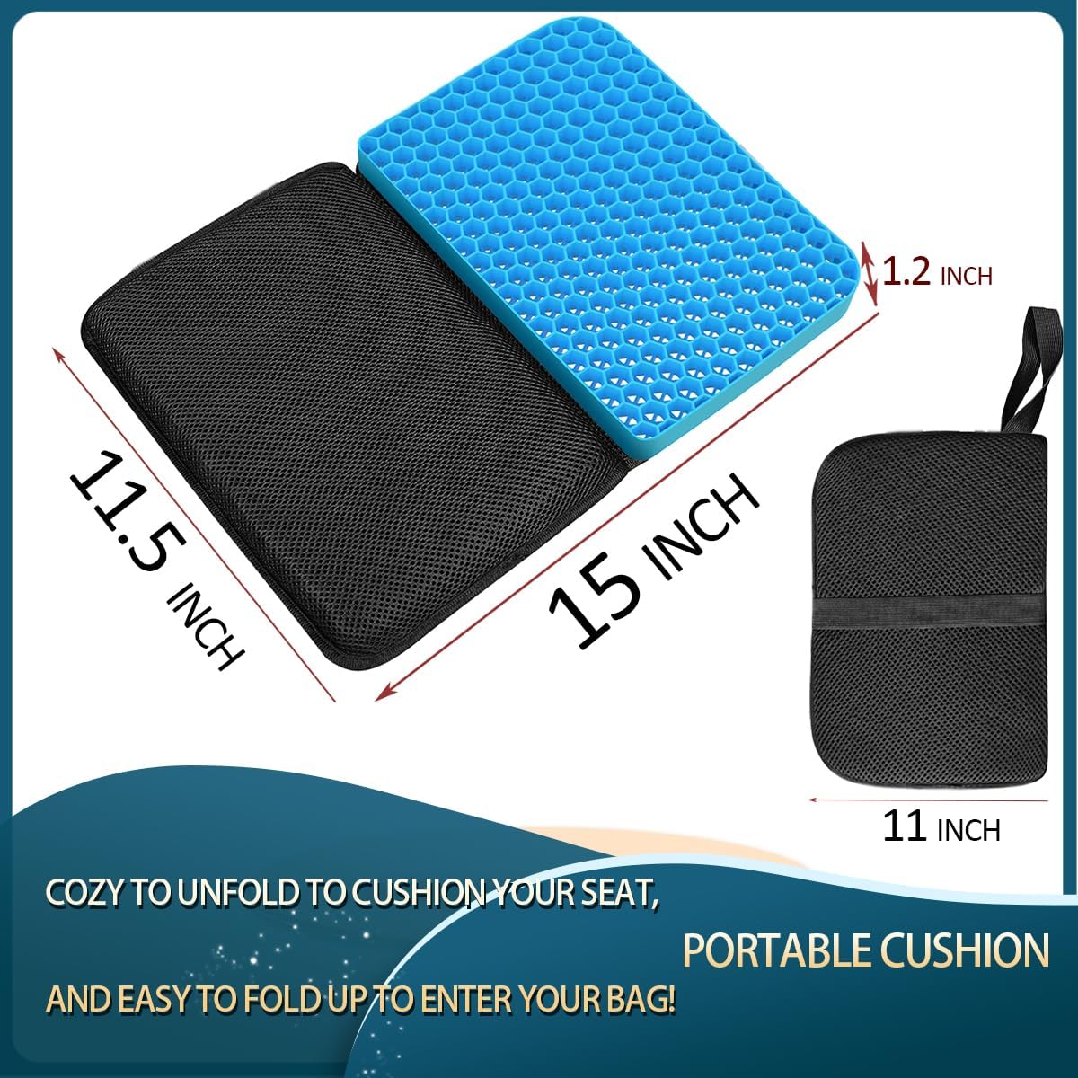 Foldable Gel Seat Cushion for Travel, Portable Chair Cushion for Camping, Honeycomb Seat Cushion, Portable Gel Cushion for Pressure Relief,1.15-Inch Thick (Black)