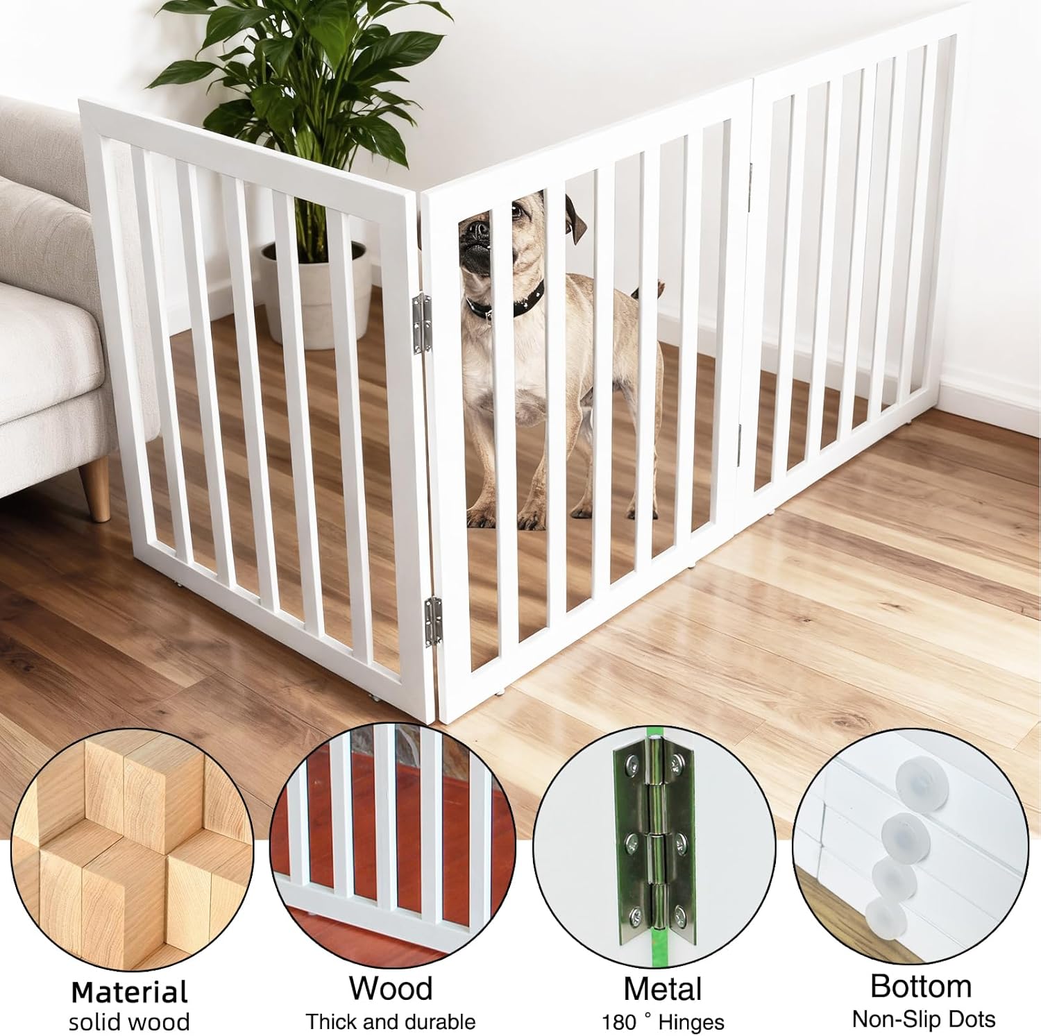ZJSF Freestanding Indoor Dog Gate for House Foldable Wood White Puppy Gate for Doorways Pet Gate for Stairs Extra Wide Pet Fence 24 Height 3 Panels