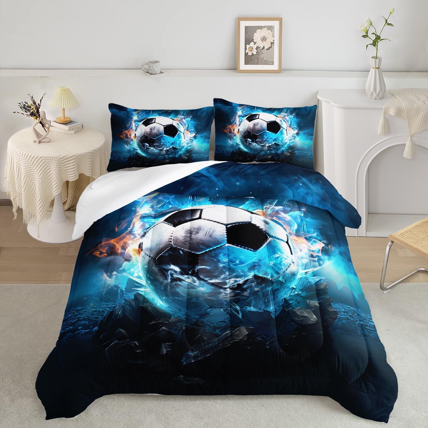 AILONEN 3D Soccer Comforter Set Full Size for Boys,Ice and Fire Soccer Print Bedding Set for Kids Teen,Sports Football Comforter with 2 Pillowcases,3 Pieces Soft Bed in a Bag