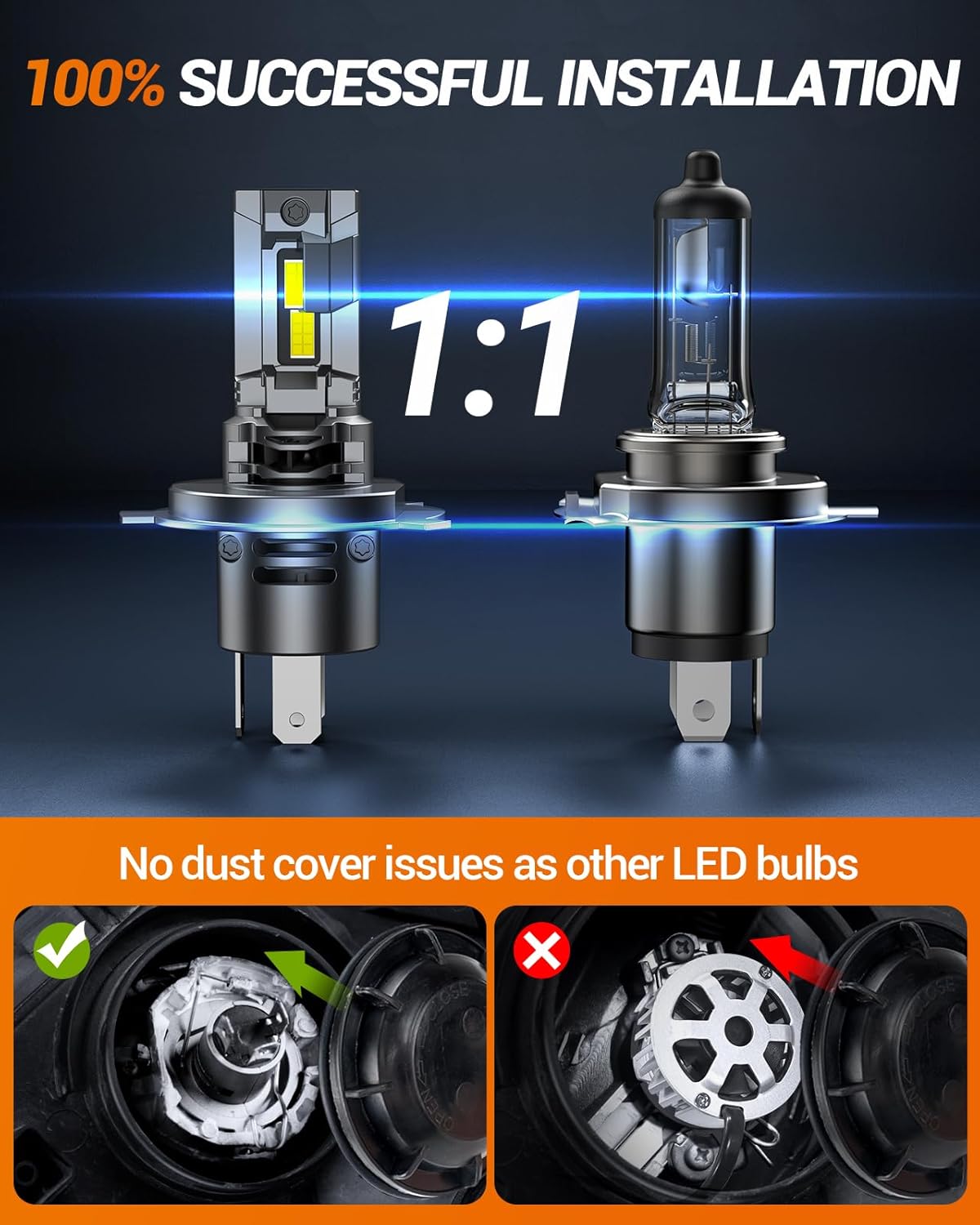 SEALIGHT H4/9003/HB2 Bulb, 40,000LM Super Brighter,6500K Cool White H4/9003/HB2 Bulbs or Fog,3 Min Plug and Play Lights Combo, Plug-N-Play, Pack of 2