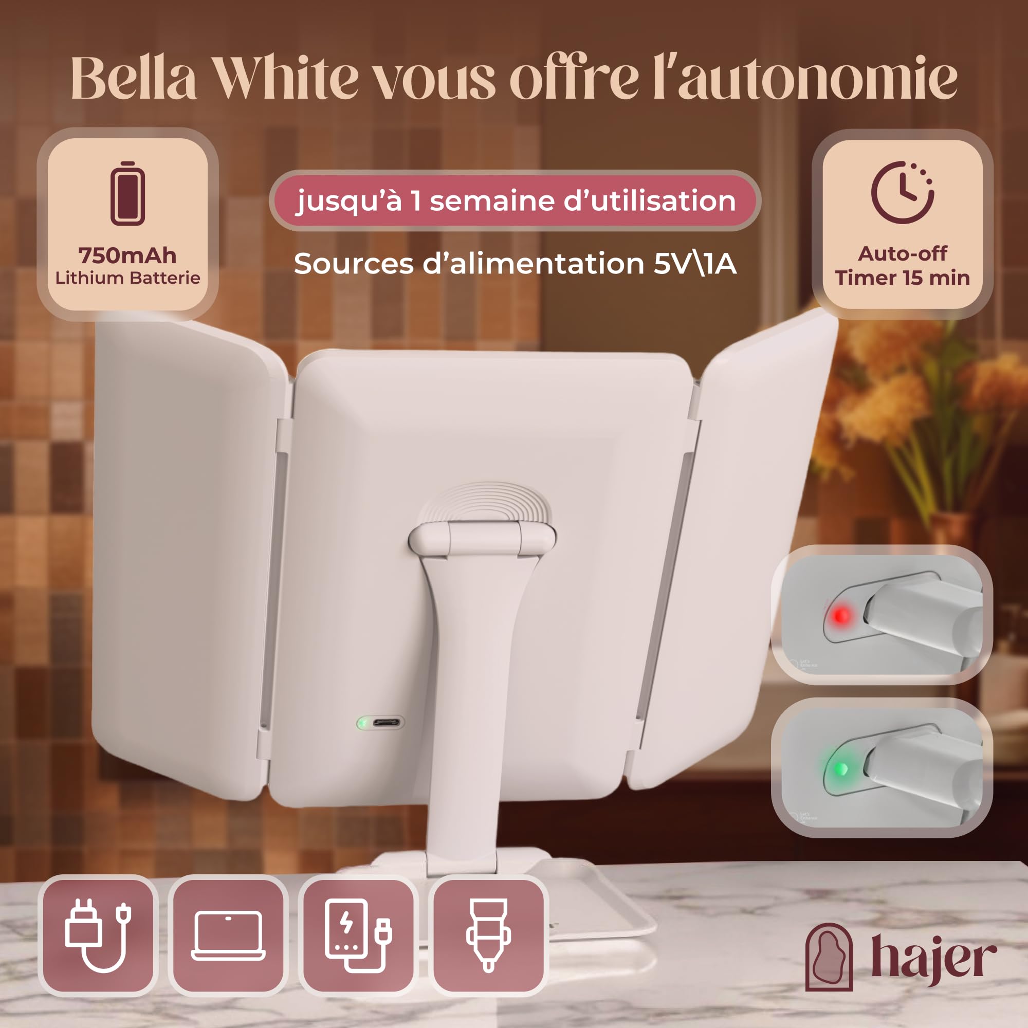 hajer Miroir Maquillage Lumineux à LED + Pochette de Transport, Grossissant 1X/3X/5X, 3 Modes éclairage, Tactile et Rechargeable USB-C avec Batterie en Lithium. Miroir Portable et Pliable de Voyage.