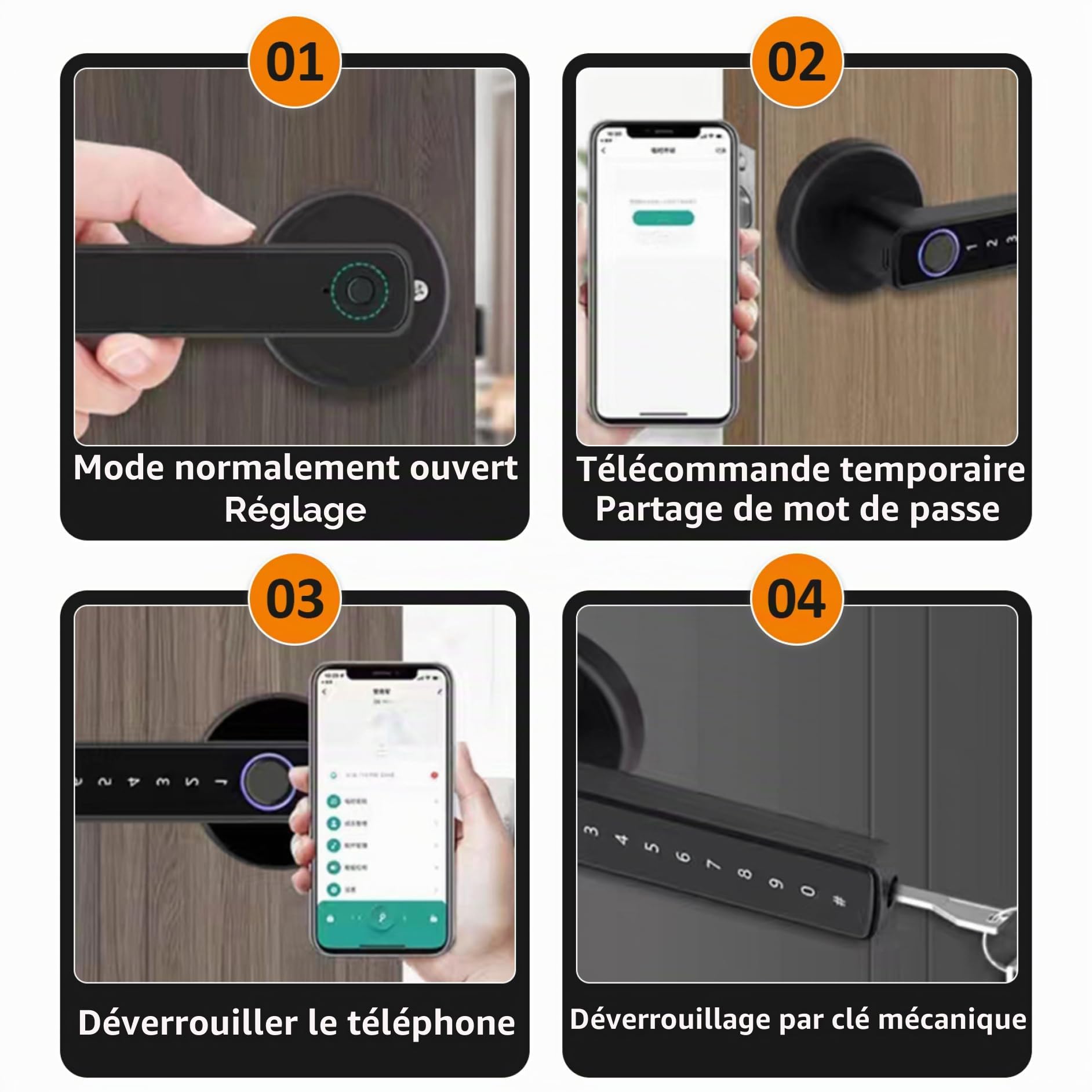 Serrure de porte à empreintes digitales, poignée de porte intelligente avec digitale/application/Code/clés, serrure à clavier électronique pour chambre coucher, maison, hôtel, bureau, a
