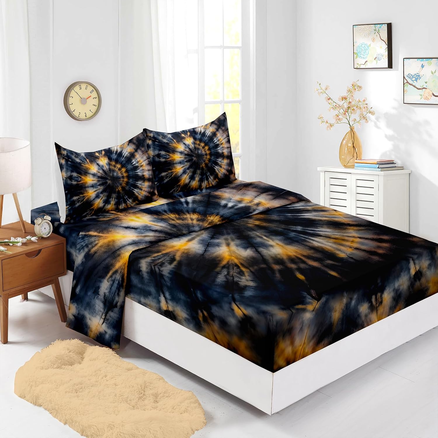 Nttopship Dark Tie Dye 4 Pieces Bed Sheet Sets Queen Size Abstract Bedding Sets with 16" Deep Pockets Tie Dye Bedroom Decor,Bedding Set 4 PCS(1 Fitted+1 Flat+2 Pillowcases)
