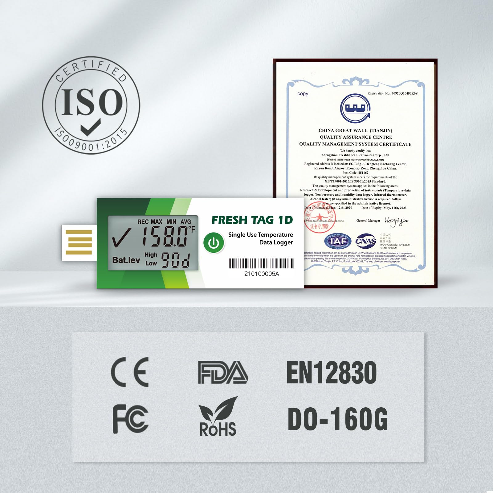 Freshliance Registrador de datos de temperatura LCD de un solo uso con informe PDF 7Days 10Pack Fresh Tag1D