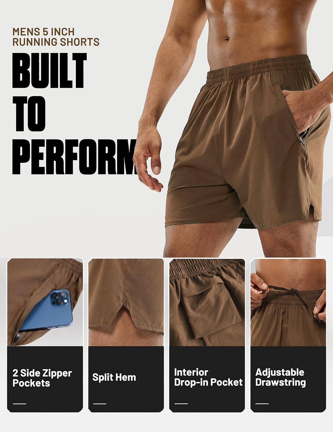  Men's 5 Inch Inseam Running Shorts, Quick-Dry with Pockets | Workout, Athletic, Lightweight Breathable Fabric, Soft Elastic Waist, Inner Drawstring, Side Split, Machine Washable thumbnail