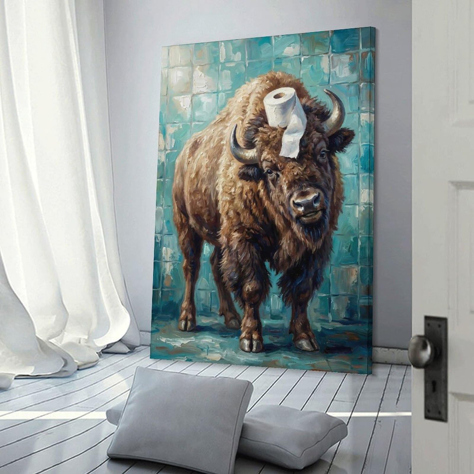 Junmoney Frame-Style-14 Bison With Toilet Paper Canvas Wall Picture, 08X12inch(20X30cm), For Study, Office Or Focused Interiors, Home Office Artwork With Decorative Appeal
