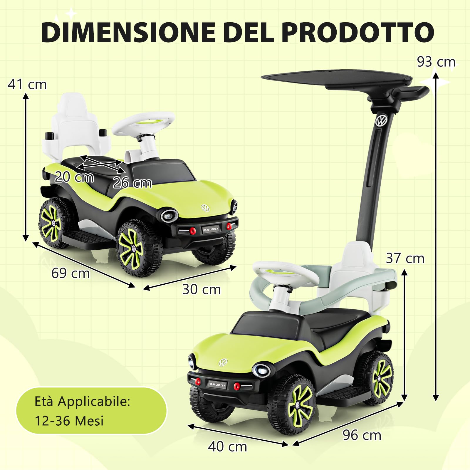 COSTWAY Volkswagen 3 in 1 Macchina Cavalcabile a Spinta per Bambini, Auto a Spinta con Maniglione Regolabile Parasole e Musica, Ideale per Bambini 1-3 Anni