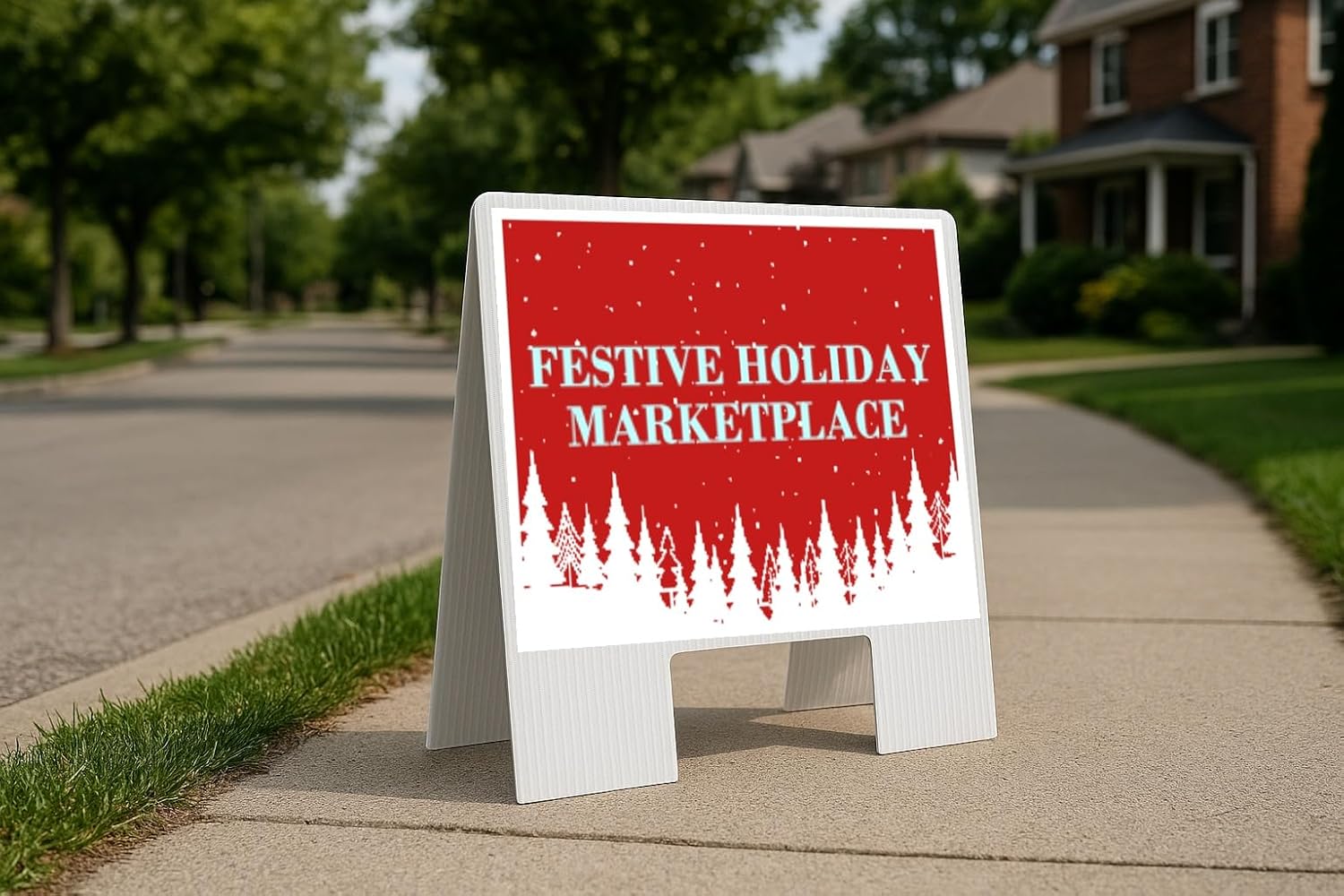 Festive Holiday Marketplace Christmas White Red Snow Trees Double Sided 18x24 in. Yard Road Sign w/Stand