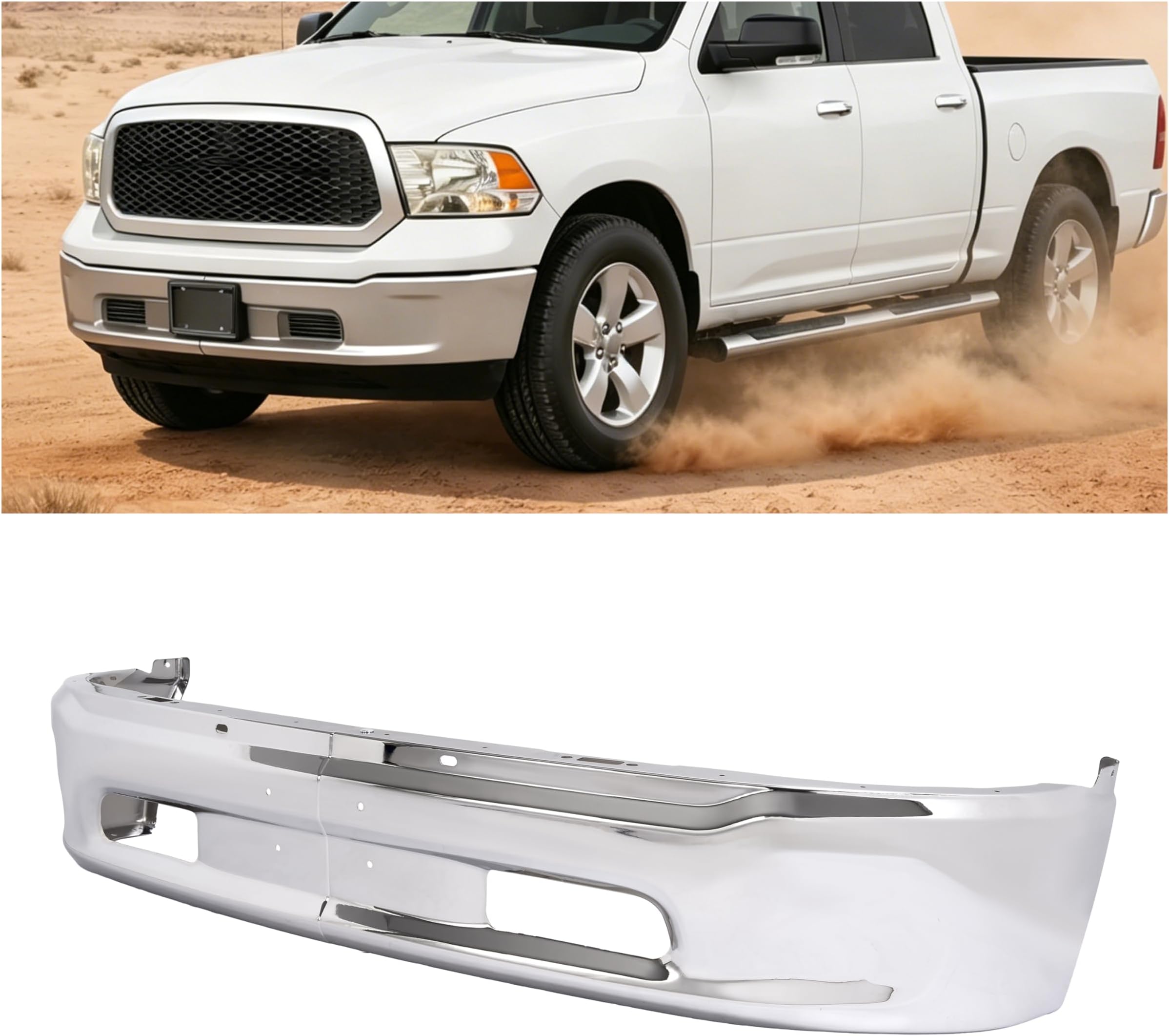 ALMULOO Front Bumper Face Bar Compatible with 2013-2018 Ram 1500 2019-2024 Ram 1500 Classic Replacement for CH1002397 68160855AC W/O Sensor Holes&Fog Lights Holes Steel Chrome Silvery 2Pcs