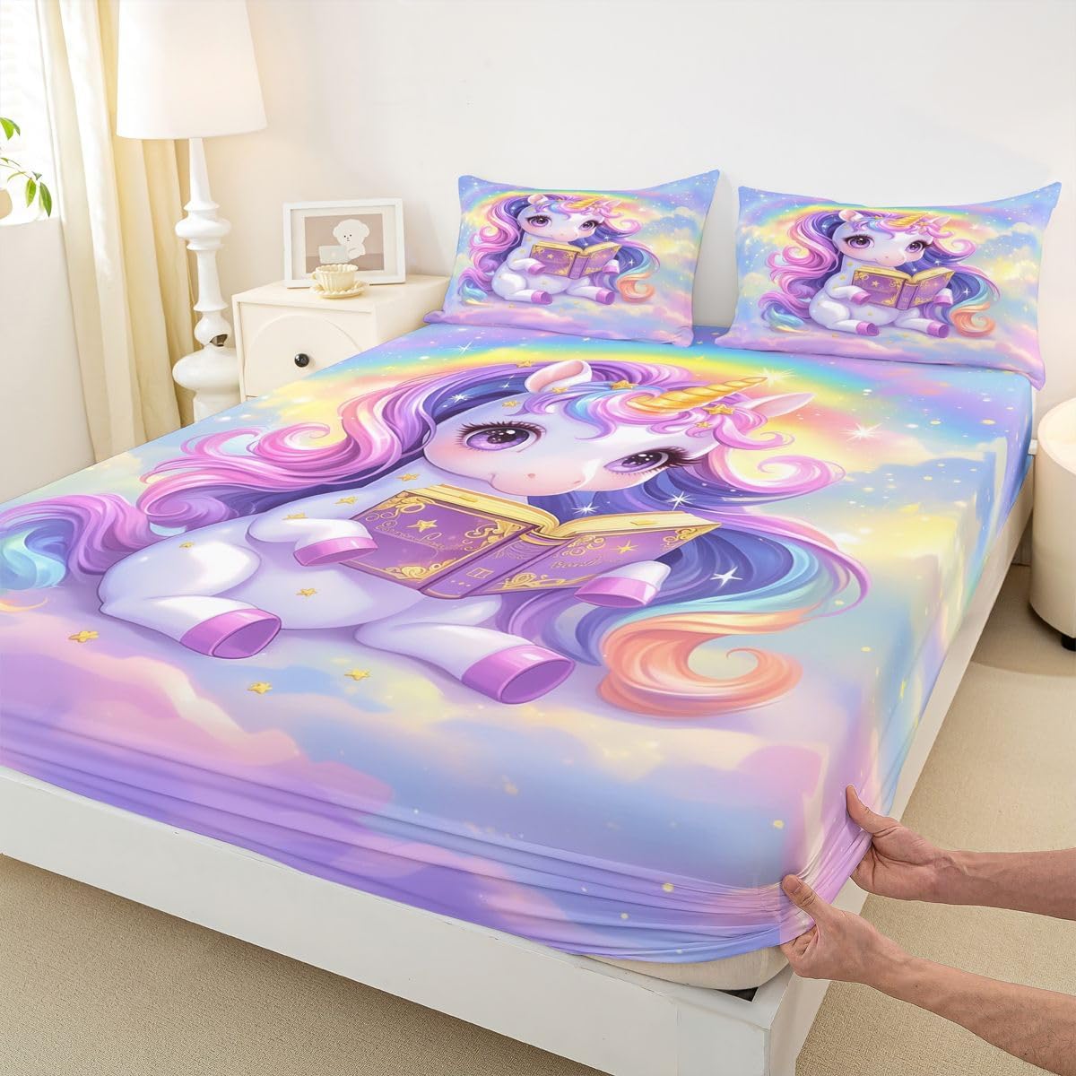 Erosebridal Cute Unicorn Fitted Sheet Full Size Clouds Rainbow Bed Sheets Horse Kid Cartoon Bedding Set for Kids Boys Girls Women Starry Sky Sheets