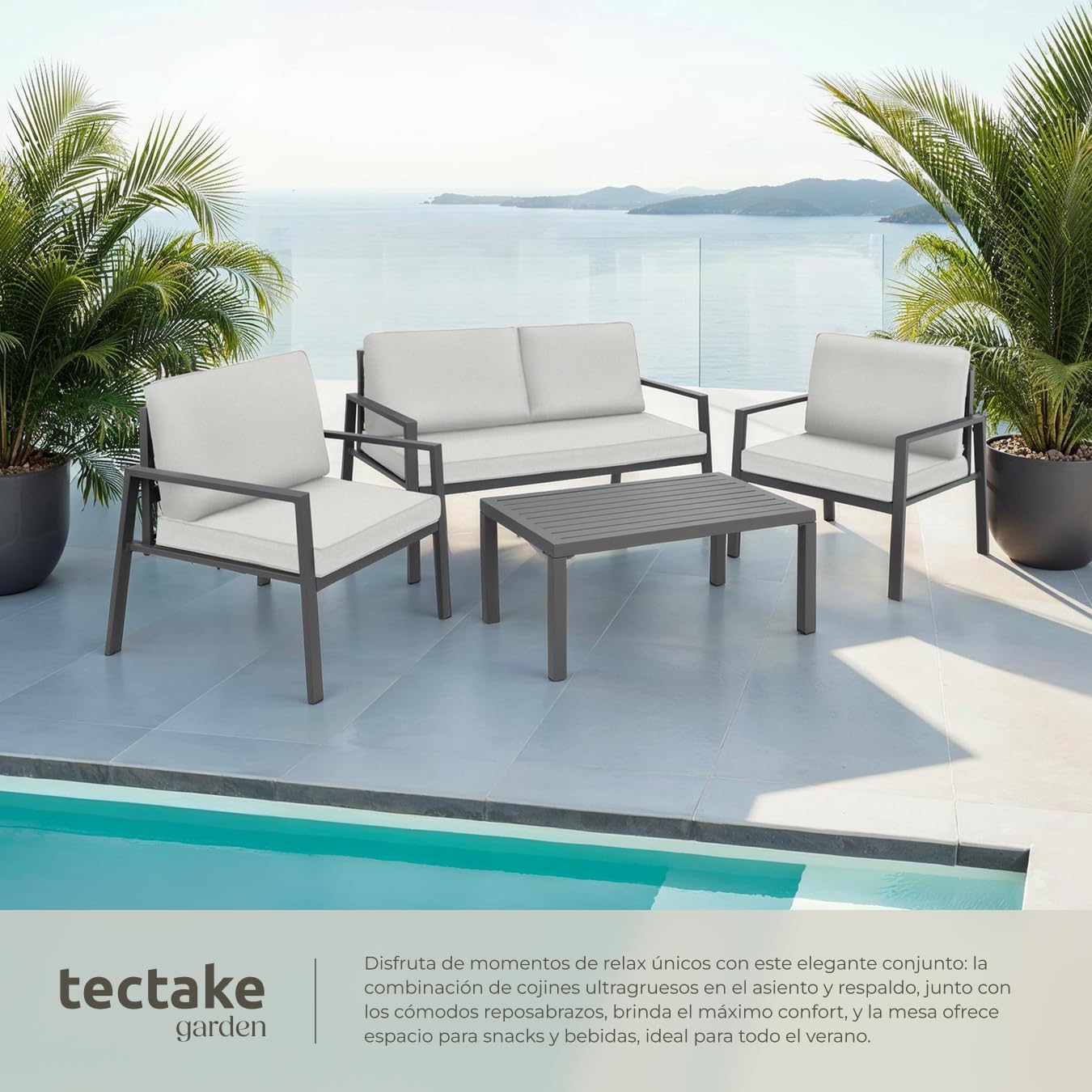 tectake® Conjunto de Muebles de Jardín 4 Piezas, 2 Sillones con Cojines Extragruesos, Muebles Jardin Exterior, Sofa Jardin y Mesa, Estructura Robusto Impermeable, Muebles Terraza Exterior - Gris Claro