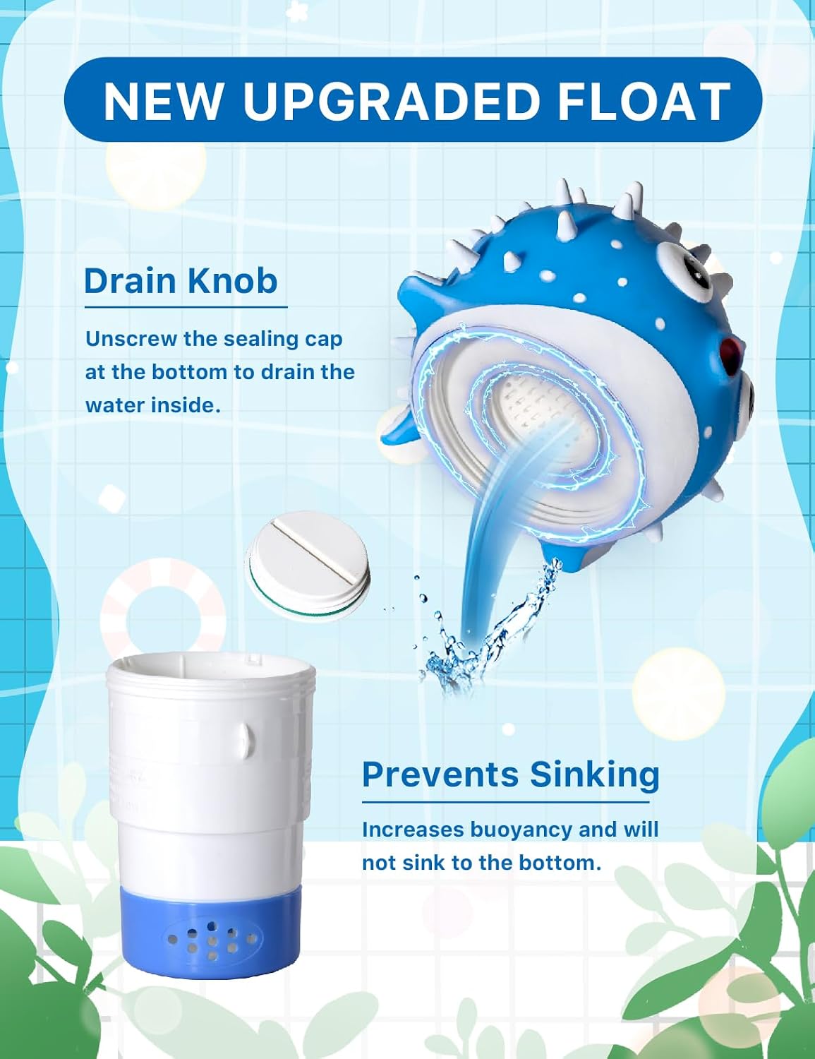 Pool Chlorine Floater for 1 & 3 Inch Tablets – Adjustable Floating Dispenser with Drainage Knob & Extra Buoyancy, Cute Pufferfish Holder for Above Ground & Inground Pools, Hot Tubs, and Spas