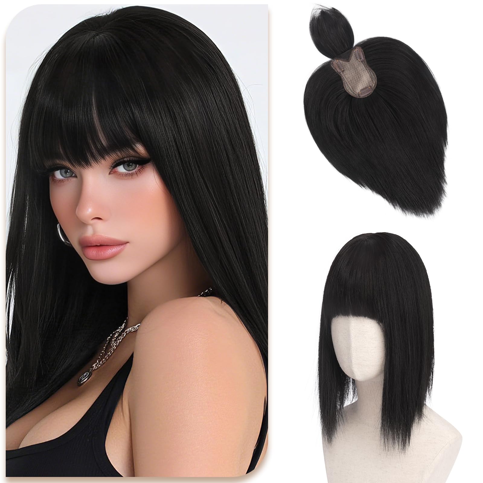 Sofeiyan Haar Toppers per le donne, 30 cm clip-on capelli con frangia, 62 g Toppers capelli sintetici Adatto per le persone calve,Nero Naturale