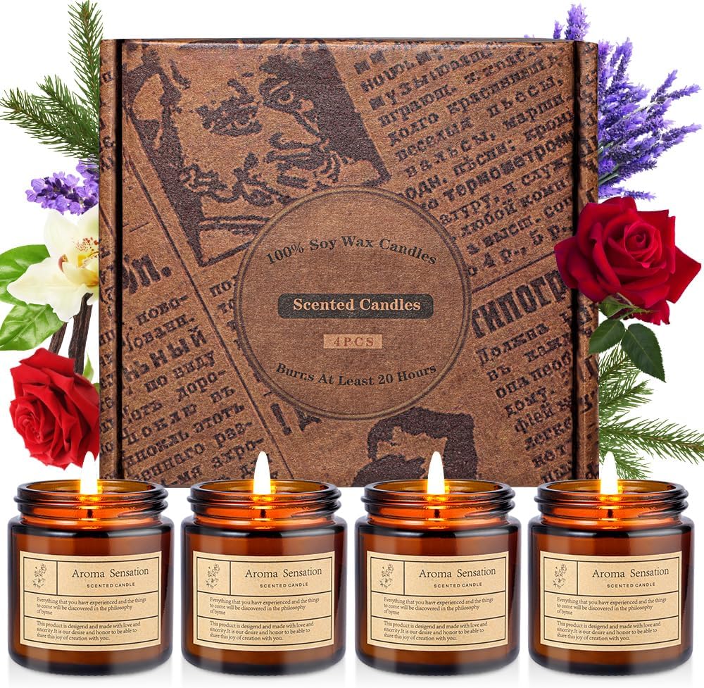 4 Pack Lavender Candles for Home Scented,Amber Jar Aromatherapy Candle Gifts for Women,Scented Candles Set for Mother’s Day Christmas Valentine Thanksgiving Brithday Gifts,Soy Wax Candle Set