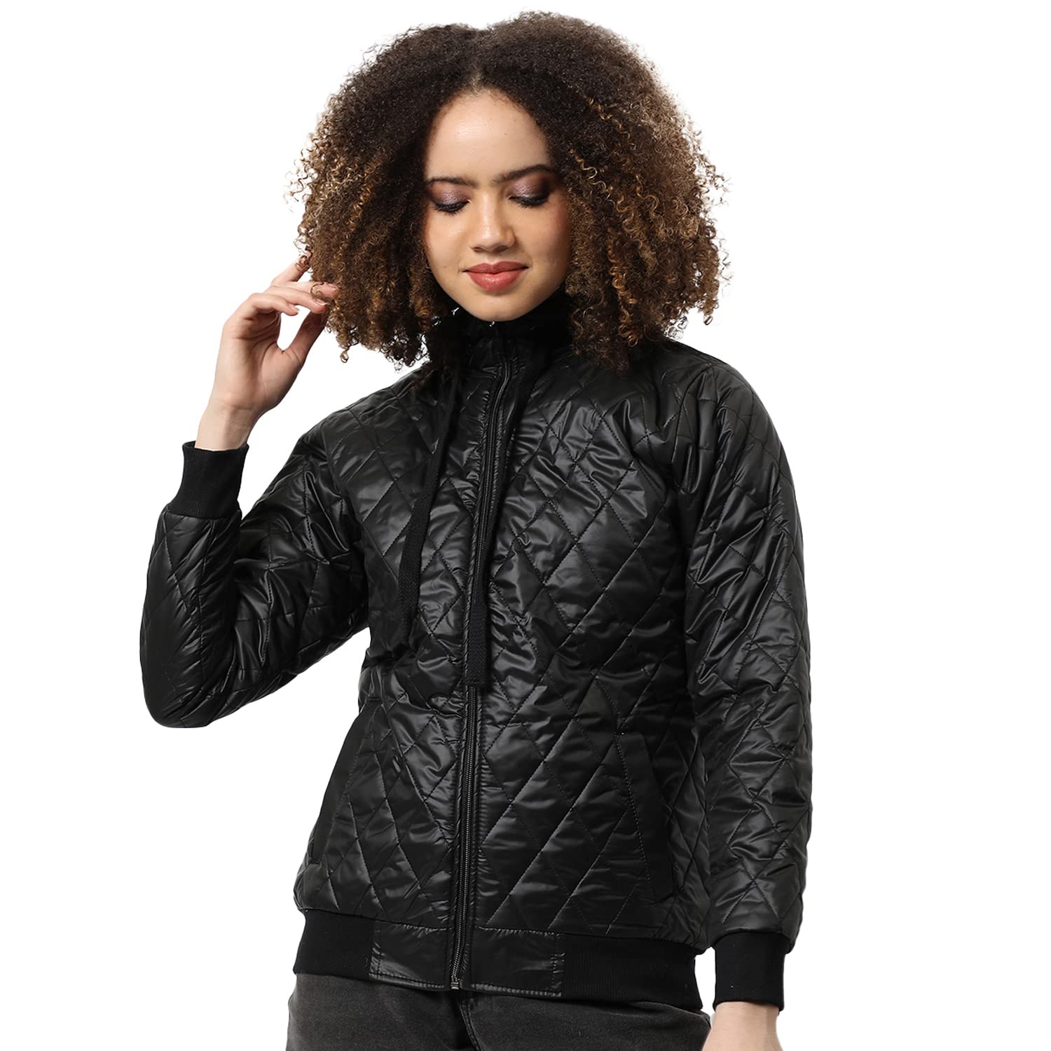 pinacolada Campus Sutra Women Black Quilted Puffer Regular Fit Bomber Jacket For Winter Wear | Standing Collar | Full Sleeve | Zipper | Casual Jacket For Woman & Girl | Stylish Jacket For Women-picture-11