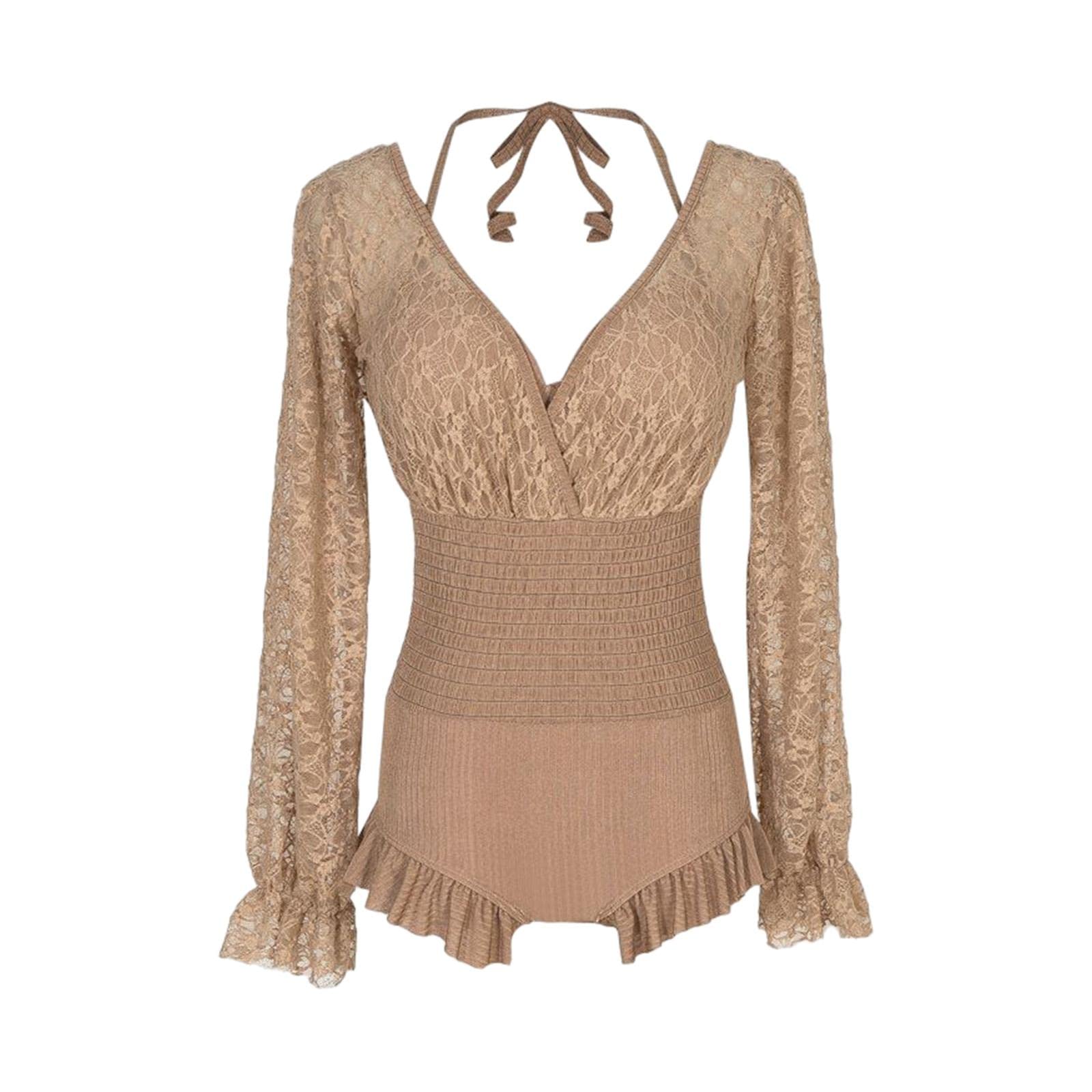 Bathing Suit Lace Bikini Swimsuit Long Sleeve Summer Women Onepiece Swimwear Coffee M|Clothing, Shoes & Accessories | Womens Clothing | Swimwear-picture-13