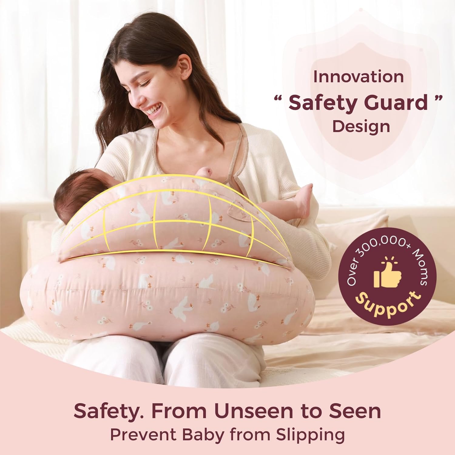Momcozy Original Nursing Pillow for Breastfeeding-Innovative Safety Guard- Wider Feeding Pillows for More Support for Mom & Baby- Easier Nursing & Hand Free- Fit for All, Removable Cotton Cover