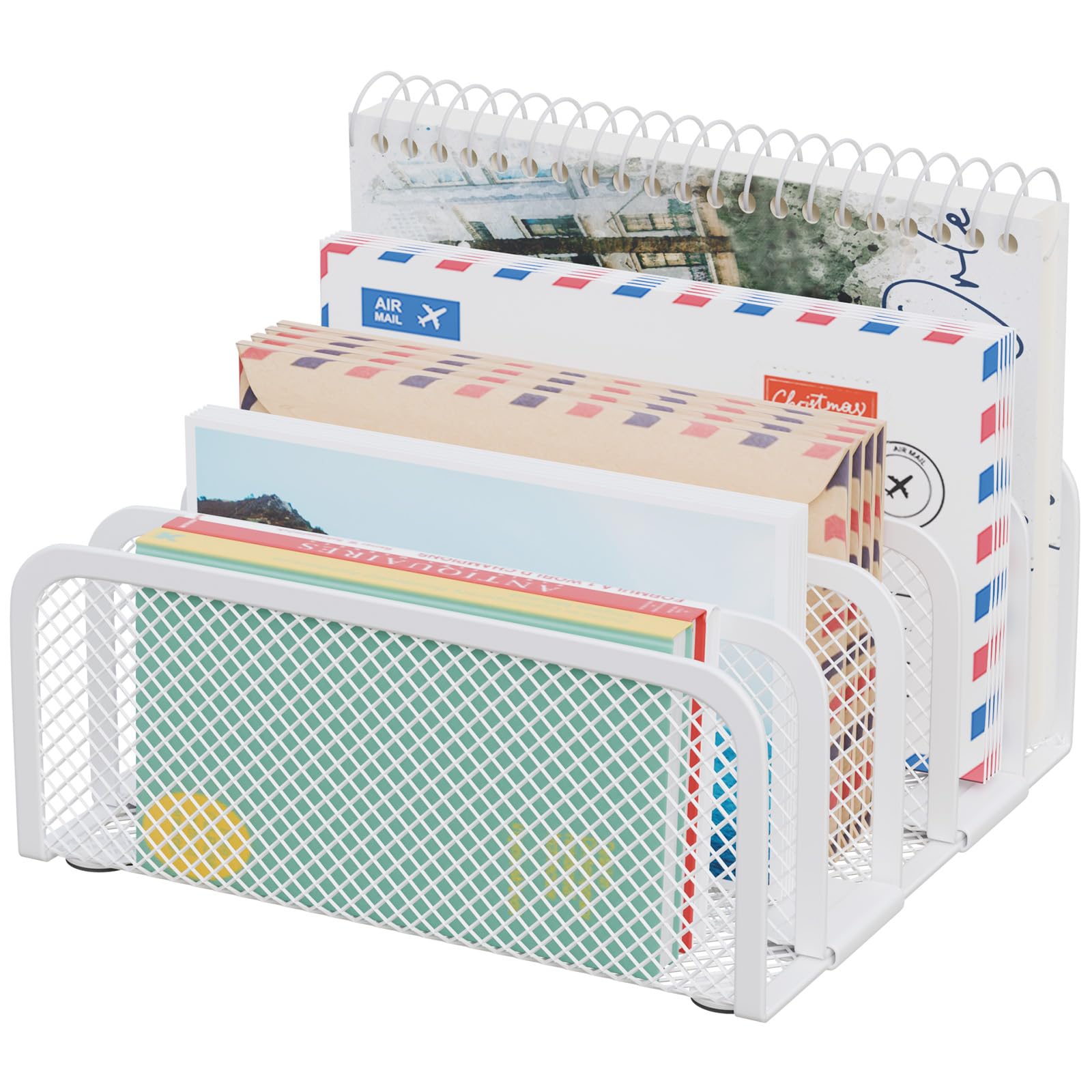 Mail Organizer Countertop, Metal File Holder with 5-Slot, Small Desk File Organizer for Letter, Bill, Mail Sorter, Desktop Letter Folder Holders for Office, Home, School (White)