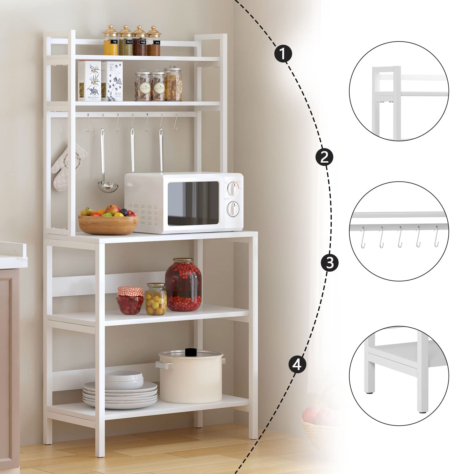 SogesHome Scaffale da cucina verticale a 5 livelli Scaffale Baker's Shelf per microonde con 8 ganci per stoviglie Scaffale verticale in legno e acciaio, 80 x 40 cm