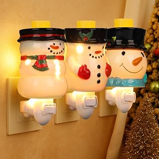 3 Pcs Christmas Plug-in Wax Warmer with Bulbs Pluggable Fragrance Snowman Warmer Wax Melter Electric Ceramic Scented Melts Candle Cubes Essential Oil Burner for Wall Winter Home Decor