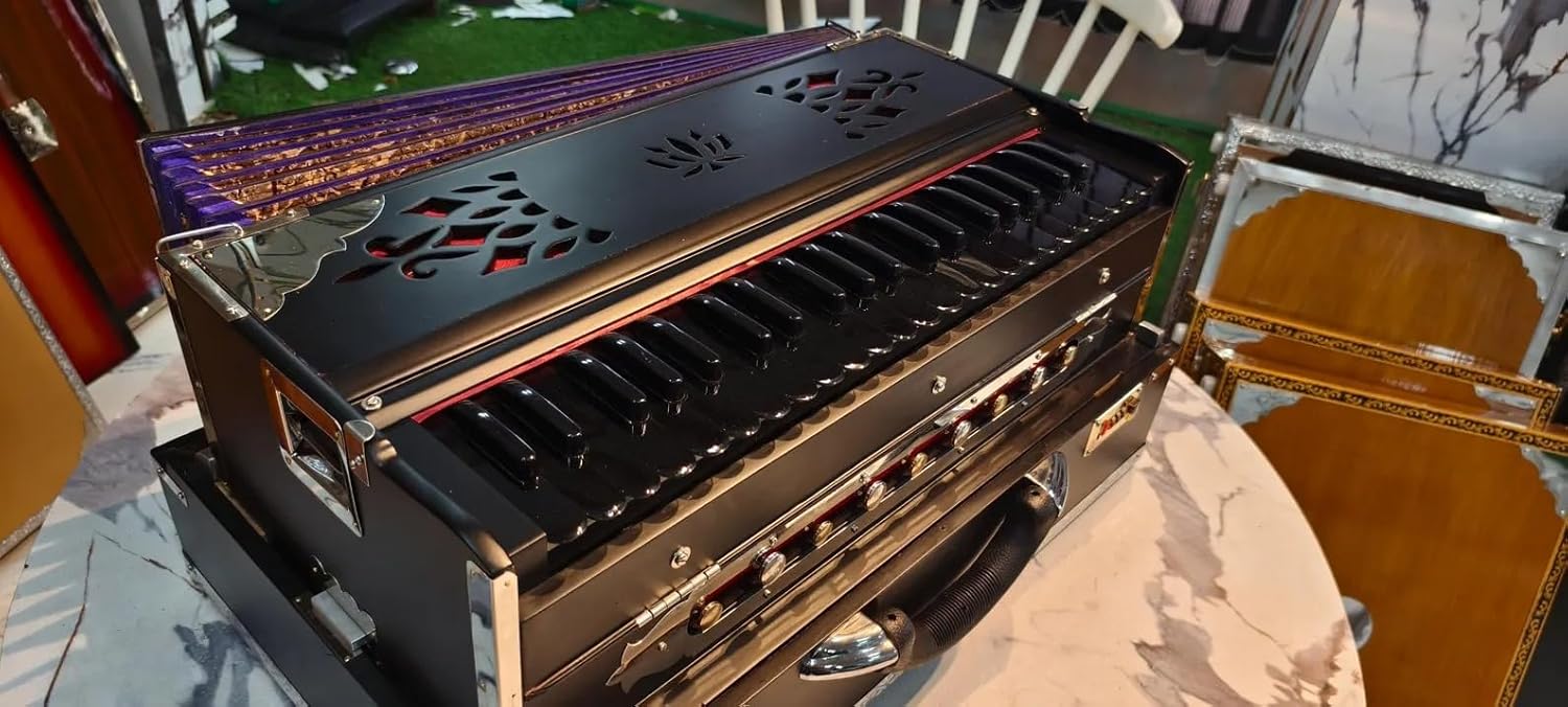 NamasteHimalayas Premium Professional 2-Reed Folding Harmonium – 3.5 Octave Limited Black Matte Edition with Bass Male Reeds, Perfect for Meditation, sound healing therapy, concerts, and Events