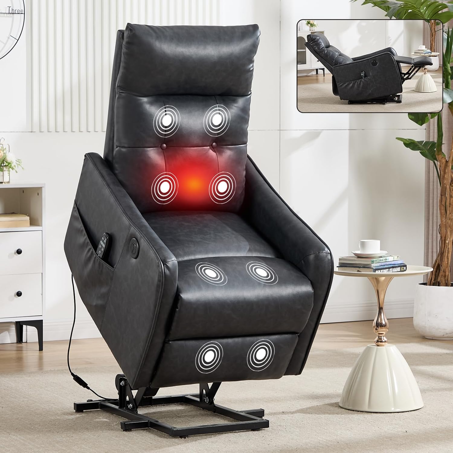 Power Massage Recliner Chair Faux Leather, Recline Adjustable Modern Chair with USB Type-C Port, 155° Incline Recline PU Leather Small Recliner for Small Spaces, Carbon Ash
