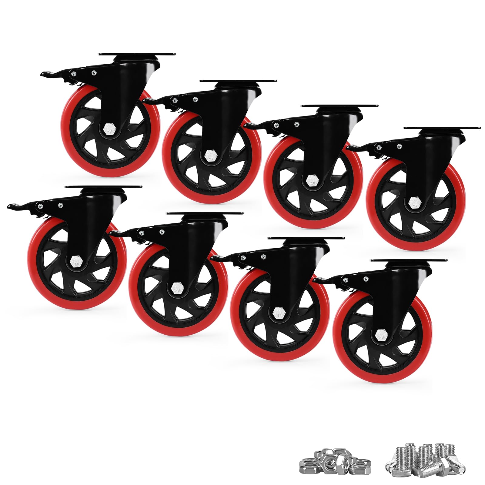Caster Wheels, Heavy Duty 5 Inch Casters Set of 8, Locking Swivel Casters Wheels for Cart, Furniture and Workbench, Red