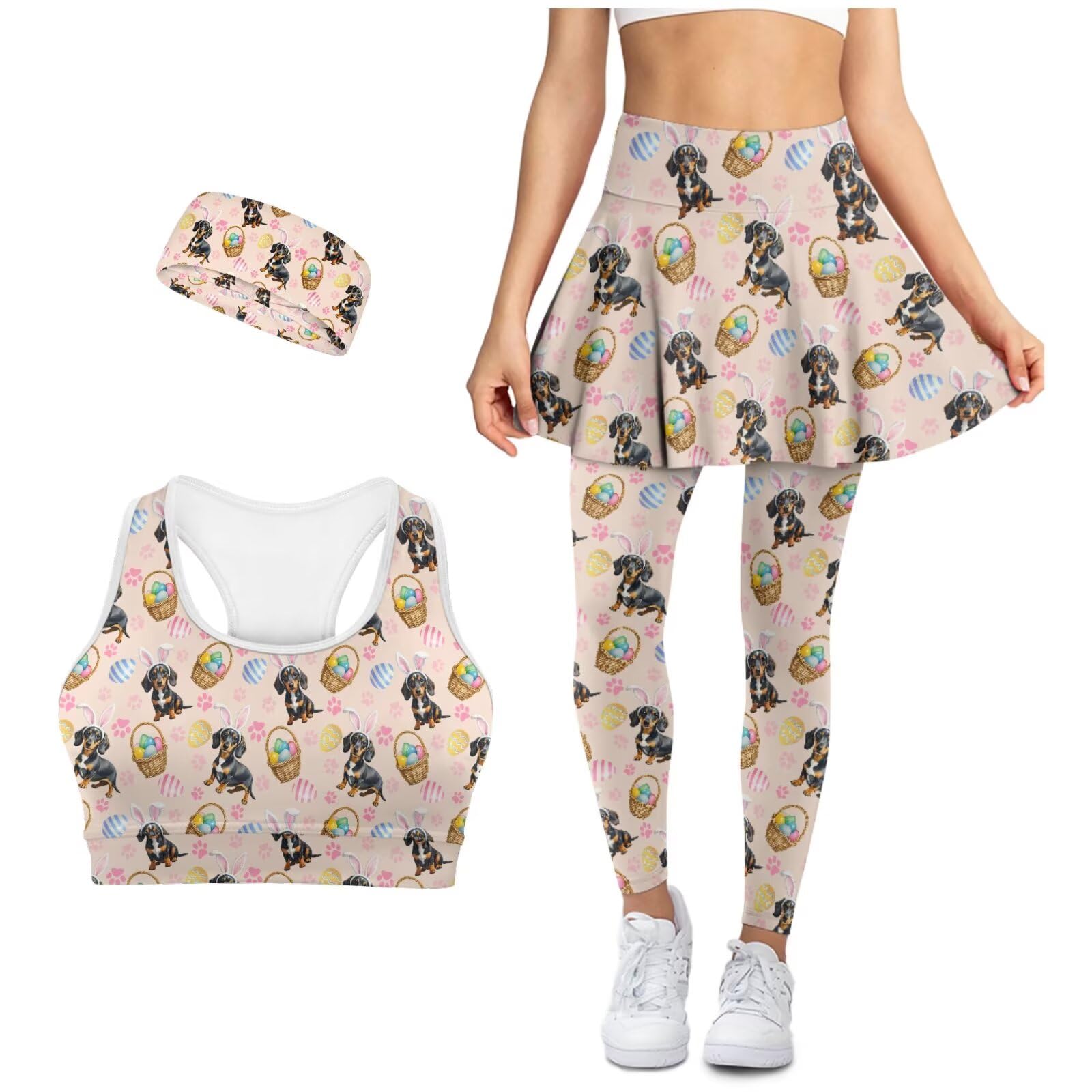 Womens Workout Sets Plus Size Skirted Leggings Elastic Sports Bra Headband 3 Pieces Yoga Outfits