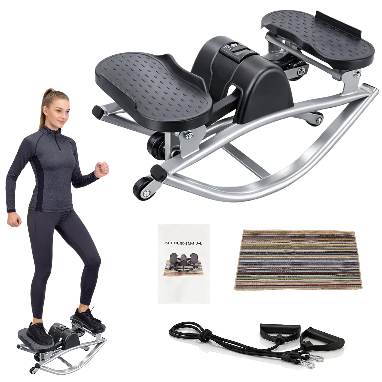 Rock Exercise Stepper Machine, Lateral Rocking Side to Side Stepper with Digital Monitor & Resistance Bands, Home Workout Equipment for Legs Glutes Abs, Portable Cardio Fitness Stepper for Women Men