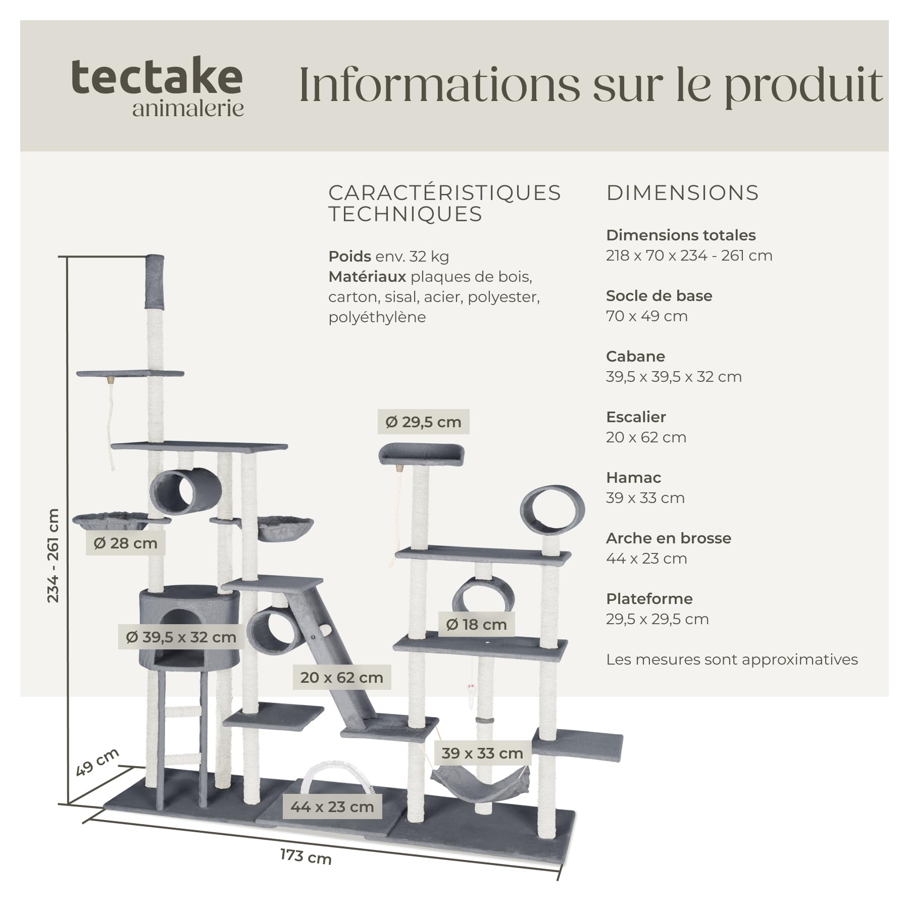 tectake® Arbre à Chat XXL Griffoir pour Chat en sisal H261 cm, Jeux Chats Appartement Accessoire Grattoir Tunnel Niche Couchage Hamac Panier Lit pour Chats
