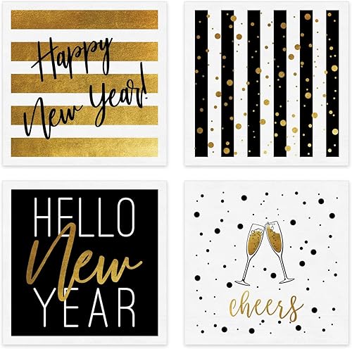 Servilletas de bebidas para fiesta de Año Nuevo, 48 servilletas de cóctel navideñas, 4 diseños de fiesta de color negro y dorado sintético, 4 3/4 x