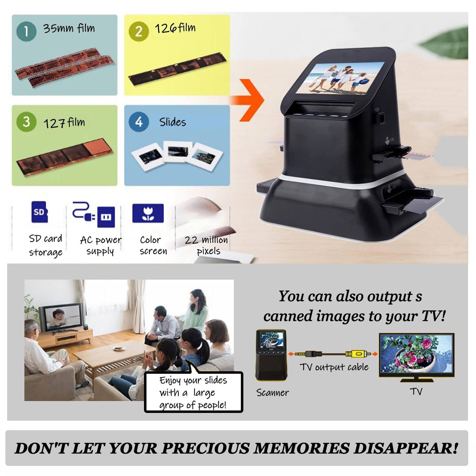 Scanner per Diapositive E Negativi,Scanner Film Ad Alta Risoluzione 120,22 Megapixel LCD 4,3",Converte 35mm 135 126 127 in JPEG,Elevata Nitidezza Dell'immagine