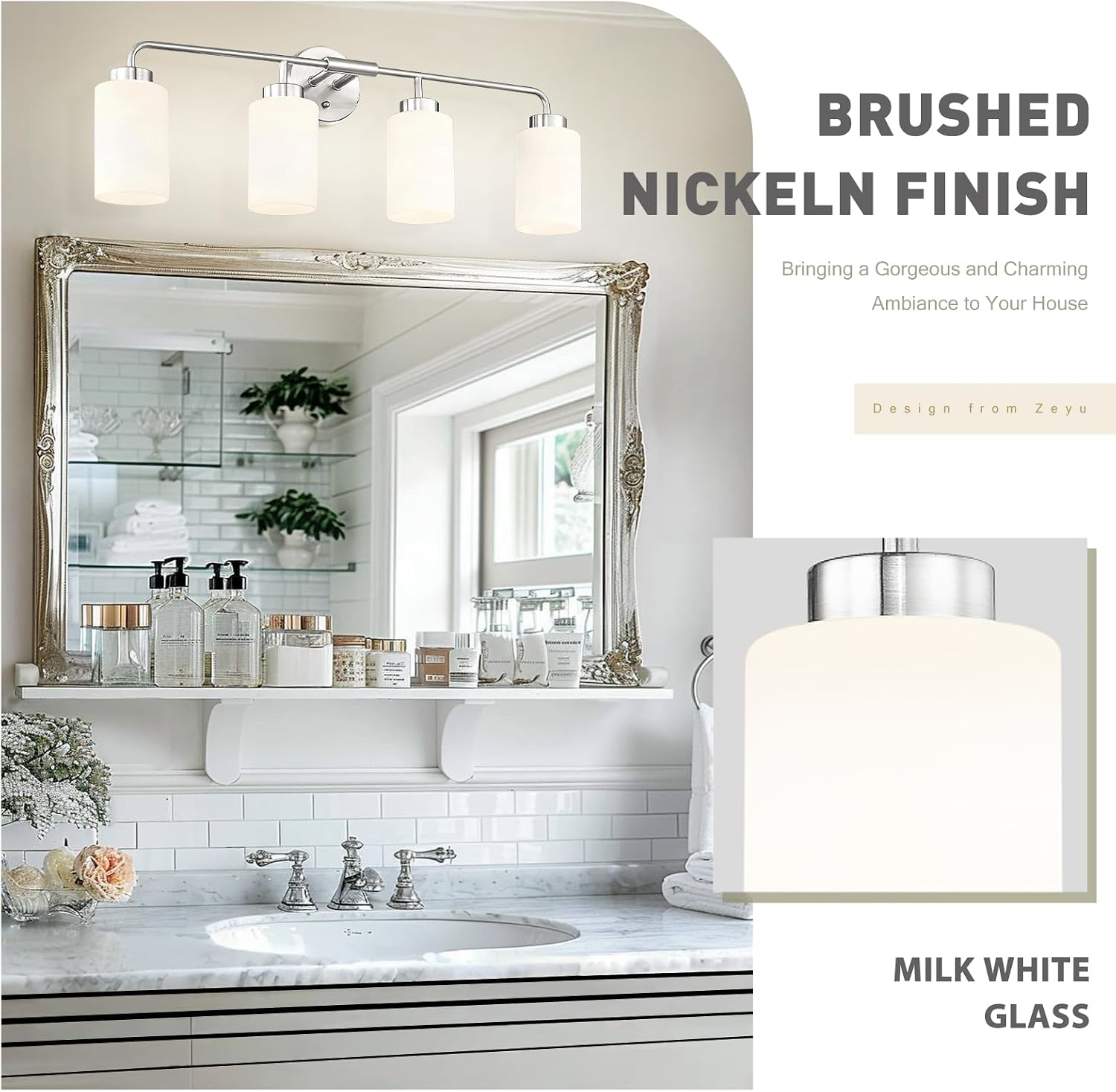 zeyu Brushed Nickel Bathroom Vanity Light, 4-Light Modern Wall Sconce Lights, Milky White Frosted Glass Shades, ZS62B-4W BN