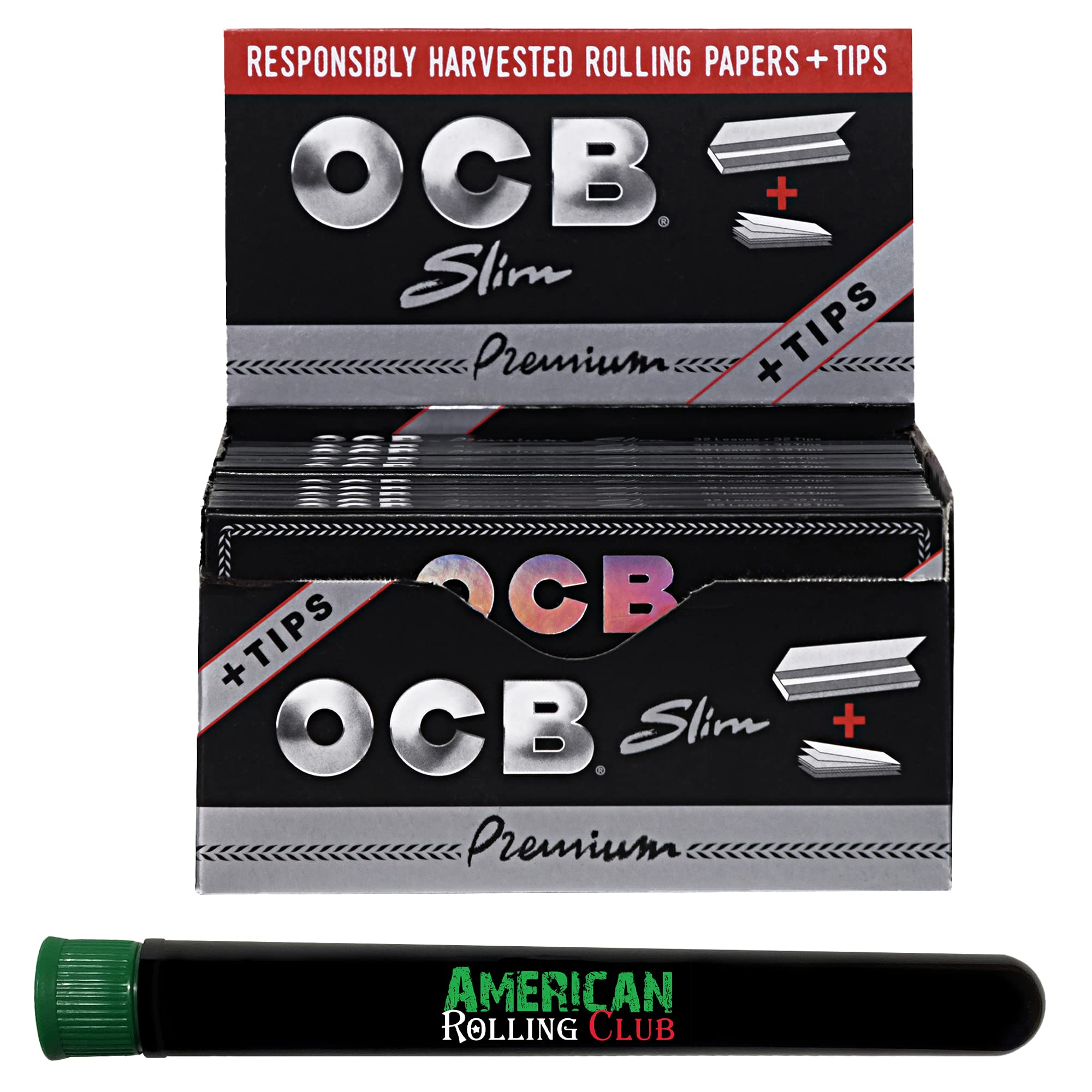 OCB Premium Cigarette Rolling Papers ~ King Size Slim + Tips ~ Full Box ~ Includes American Rolling Club Tube
