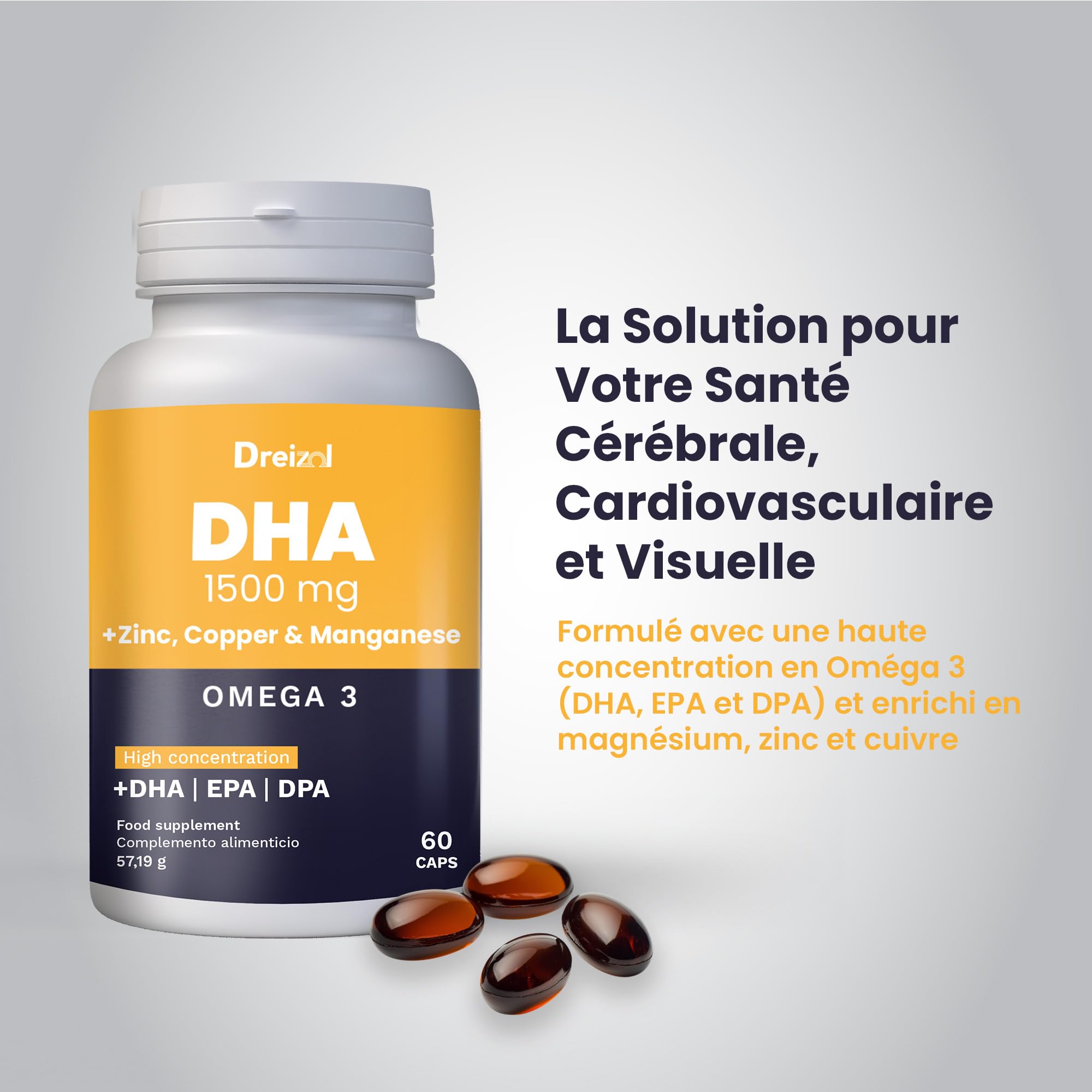 Brudy Lab Dreizol Omega 3 DHA 1500 avec EPA et DPA + Manganèse, Zinc et Cuivre - Haute Concentration - Renforce les Tissus Oculaires, Rétine, Santé Cardiaque et Cérébrale - 60 Capsules