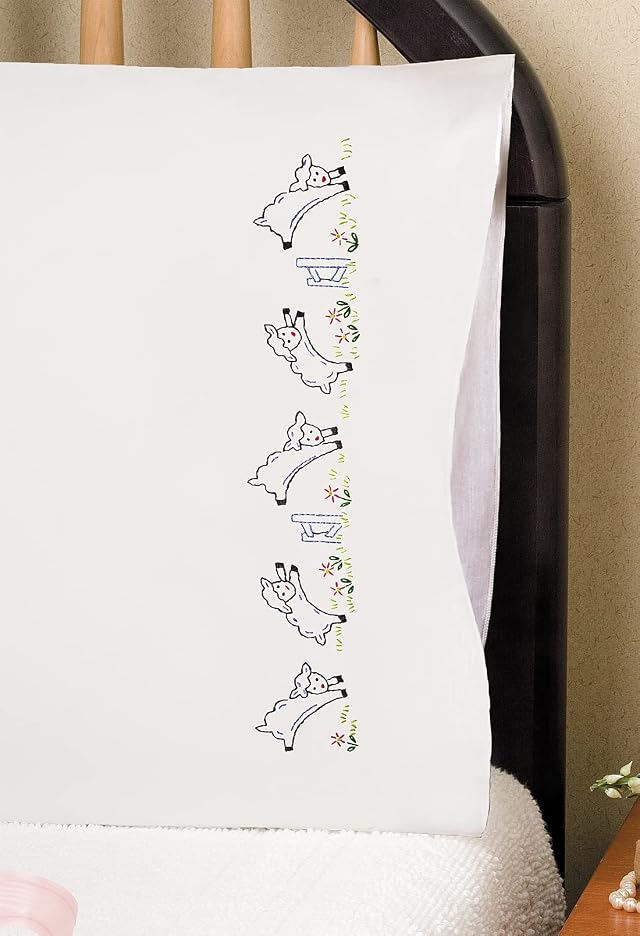 Design Works Crafts Prancing Sheep Stamped for Embroidery Pillowcases - Set of 2