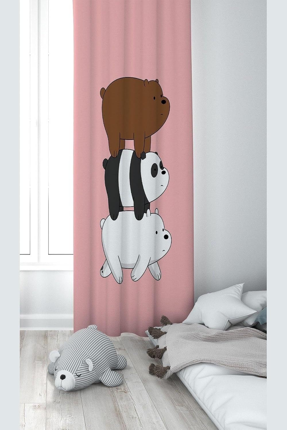 Pelangi Pembe Ayıcık Desenli Dijital Baskı Yıkanabilir Bebek Çocuk Odası Fon Perdesi, pembe-kahverengi 70 x 270