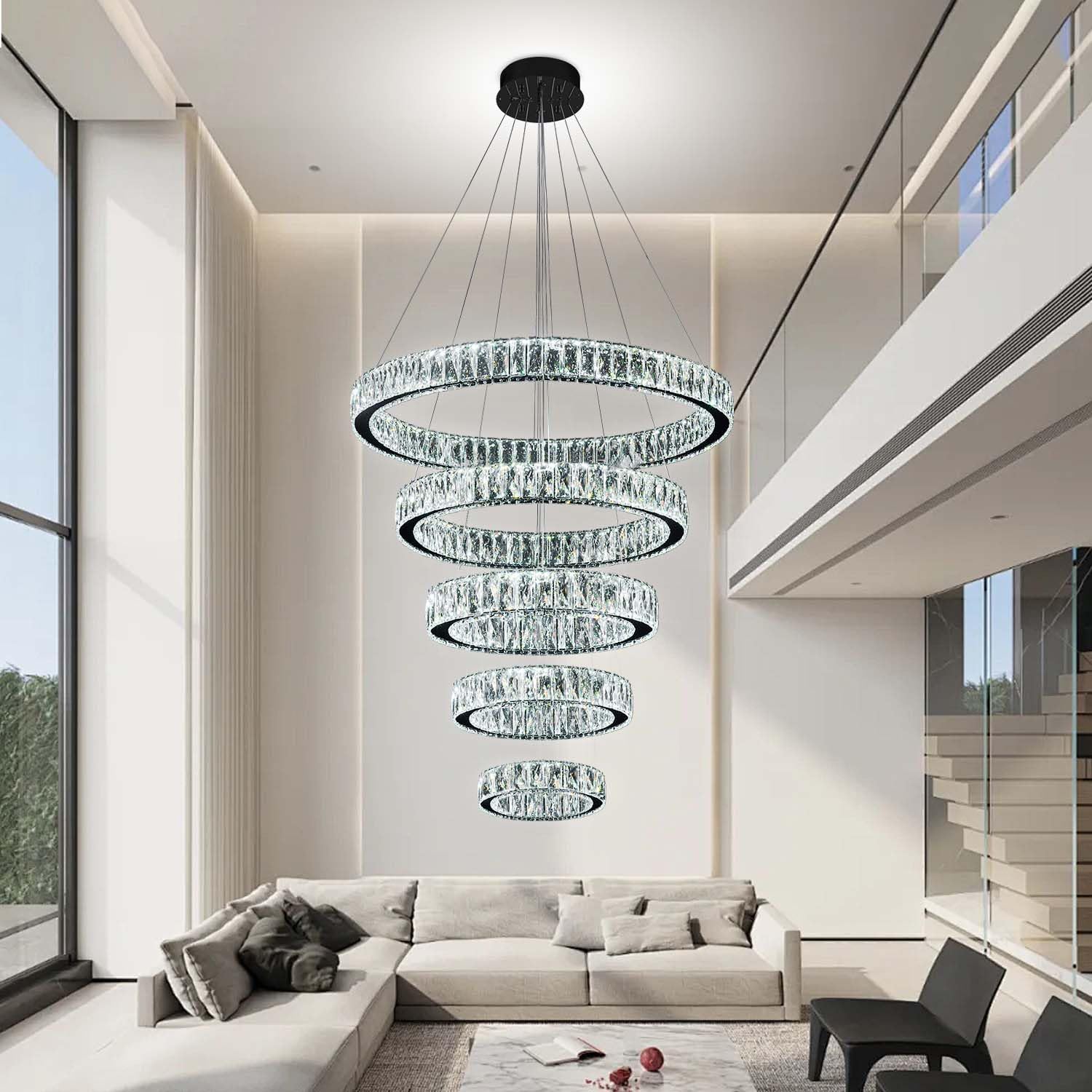 Modern 5 Ring Chandeliers for High Ceiling Foyer,Luxury Dimmable Crystal Ceiling Light Fixtures Staircase Entrance Villa Large Black Chandelier D8''+15.7"+23.6"+31.5"+39.4"