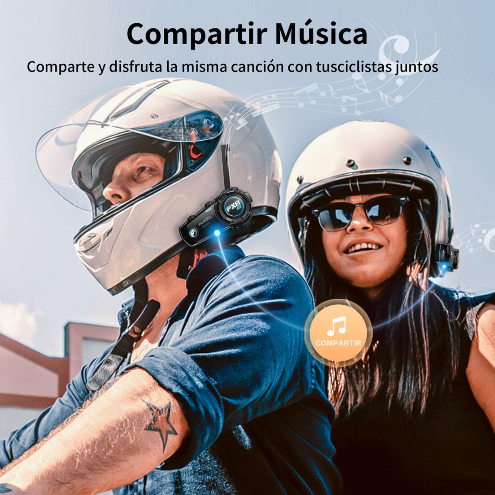 Fodsports FX8 Air Intercomunicador Casco Moto de 4-6 Vías para Motocicleta, Cable AUX con Mezcla de Audio, ENC&DSP Reducción De Ruido, Radio FM, Compartir Música, Batería De 900 Mah
