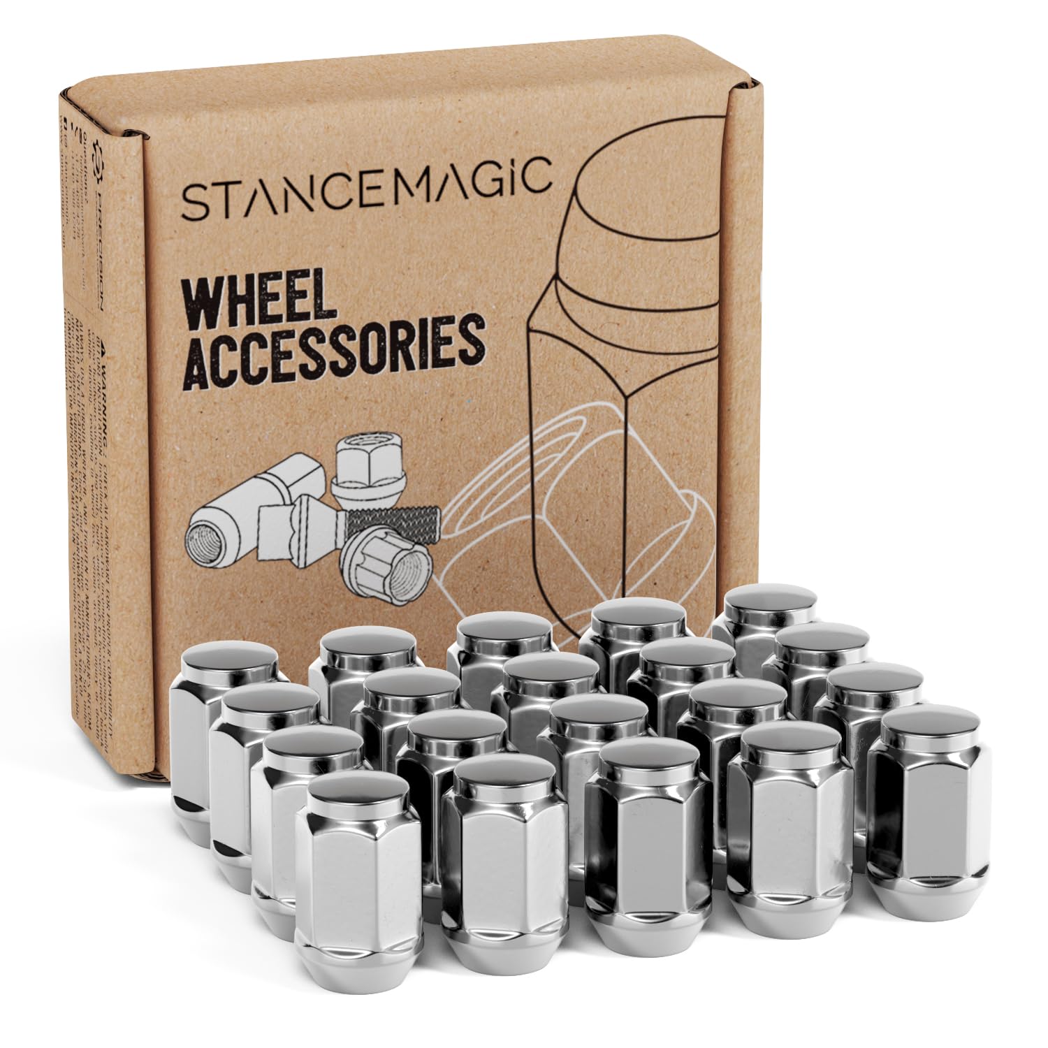 StanceMagic 20pcs 1/2-20 Lug Nuts Bulge Closed End - Cone Acorn Seat, 3/4" 19mm Hex - Compatible with Ford Mustang Explorer Ranger F100 F150 Econoline Dodge Ram 1500 - Chrome Silver, 1.4in Length