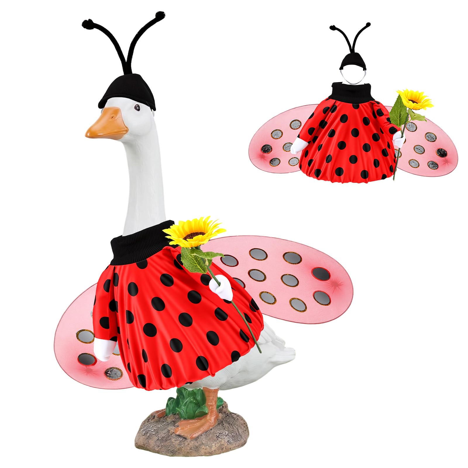 MENIBBLER Porch Goose Outfit with Wings, Bee and Ladybug Costume for 23" Lawn Geese Statue, Spring Summer Garden Goose Clothing with Hat & Wings, Outdoor Yard Decor(gules)