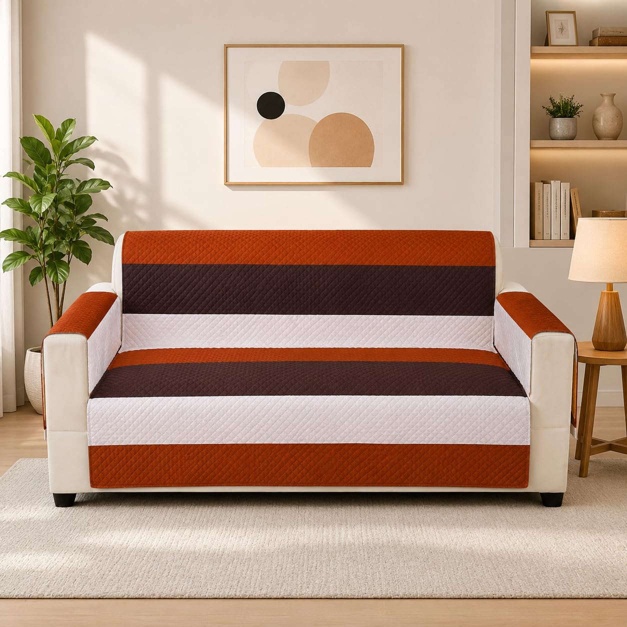 Quilted Sofa Cover for 2 Seater with Side Pockets & Antiskid Backing | Soft & Washable Sofa Protector Runner | Ideal for Pets, Kids & Daily Use - Terracotta Stripe-image-24