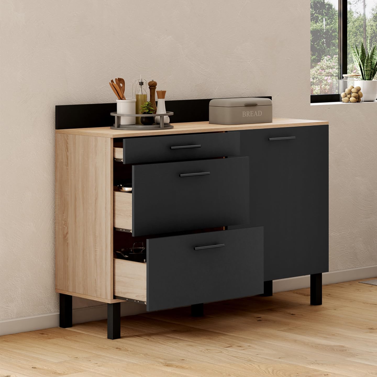 IDMarket - Buffet Bas casserolier de Cuisine 120 cm CINA Plan de Travail H.83 cm 1 Porte + 3 tiroirs façon hêtre et Noir