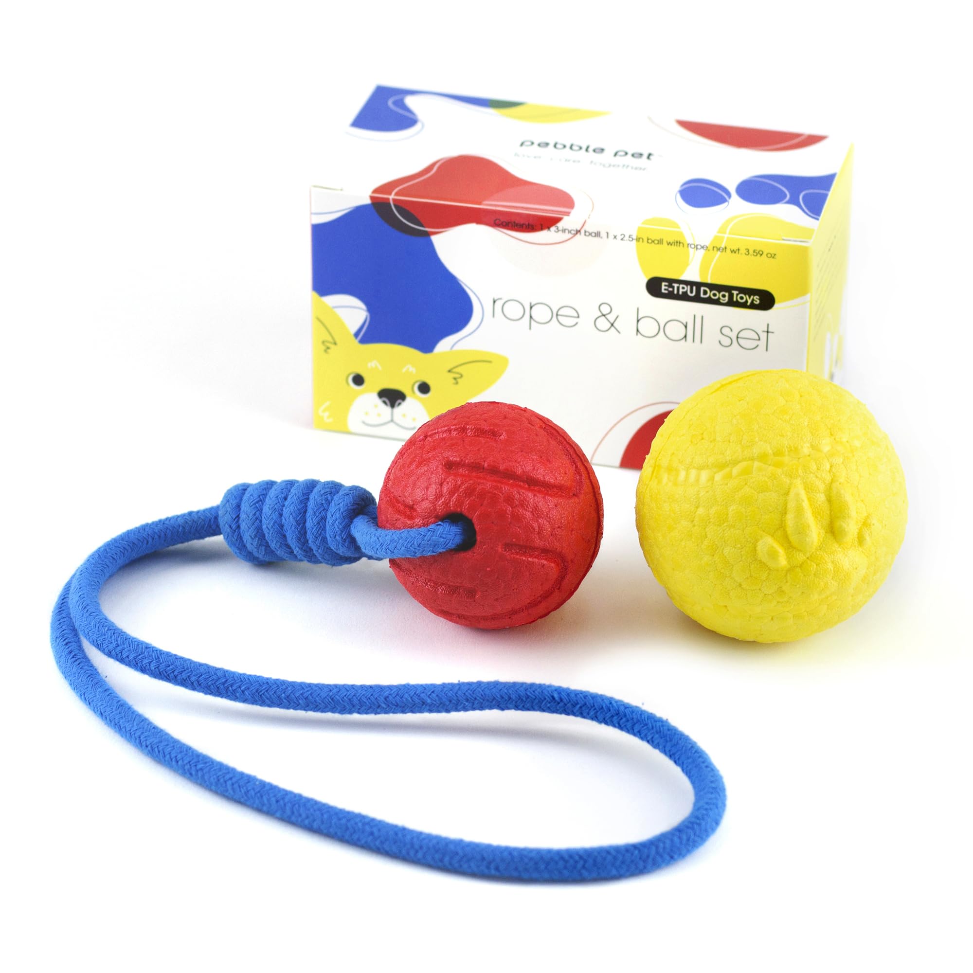 PEBBLE PET Dog Toy Set, 3in Fetch Ball, 2.5in Ball-on-Rope, Durable E-TPU Material, High Bounce, Eye-Catching Colors, Lightweight, Floatable, Dog Training Toy Starter Kit, for Breeds 20-80 lbs