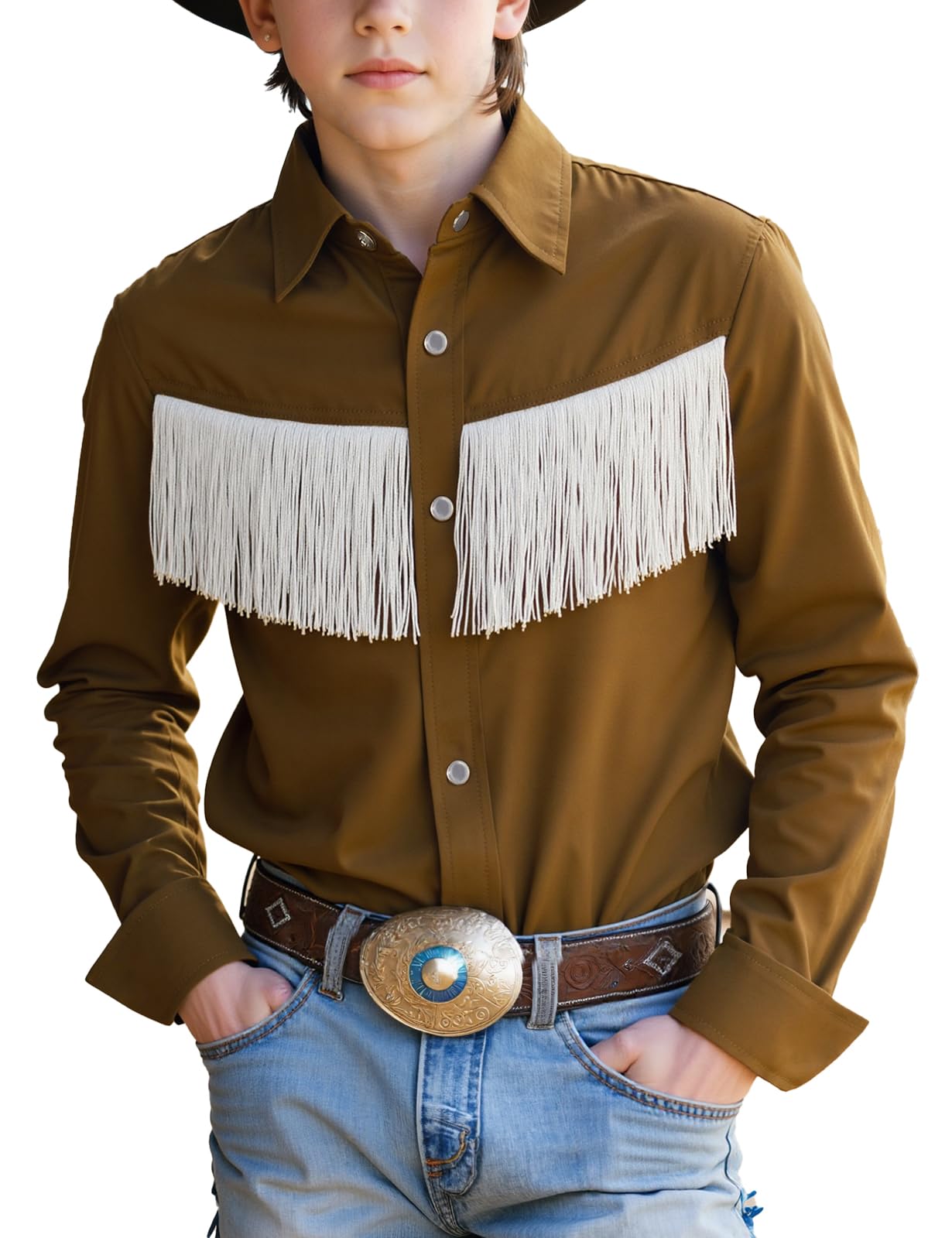 Spring&amp;Gege Western Boys' Button-Down Shirts Long Sleeve, Pearl Snap Shirt with Fringe (5-14 Years)