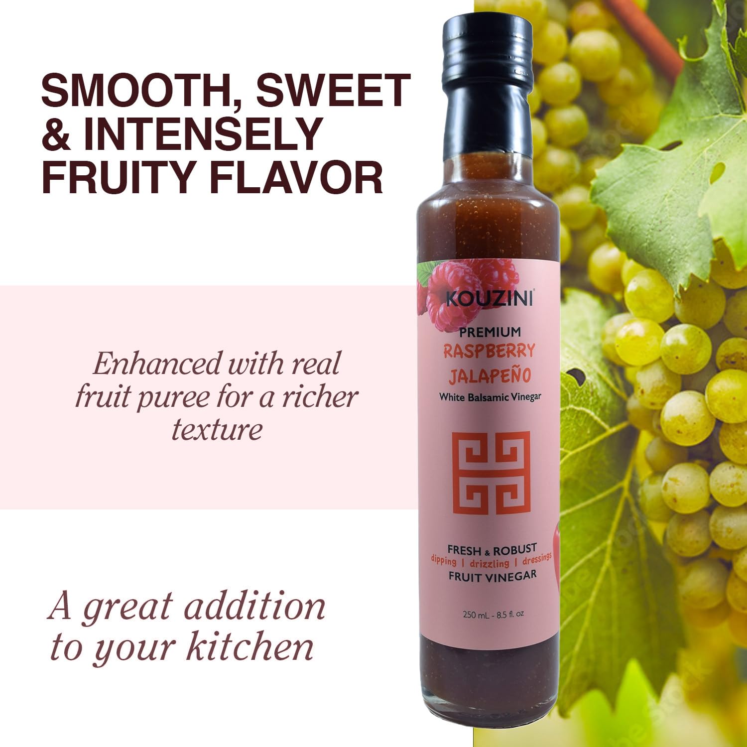 Kouzini Ultra Premium Raspberry Jalapeno Fruit White Balsamic Vinegar, Aged Balsamic Vinegars from Modena, Italy, Premium, Smooth & Full-Bodied Flavor, 250ml Bottle