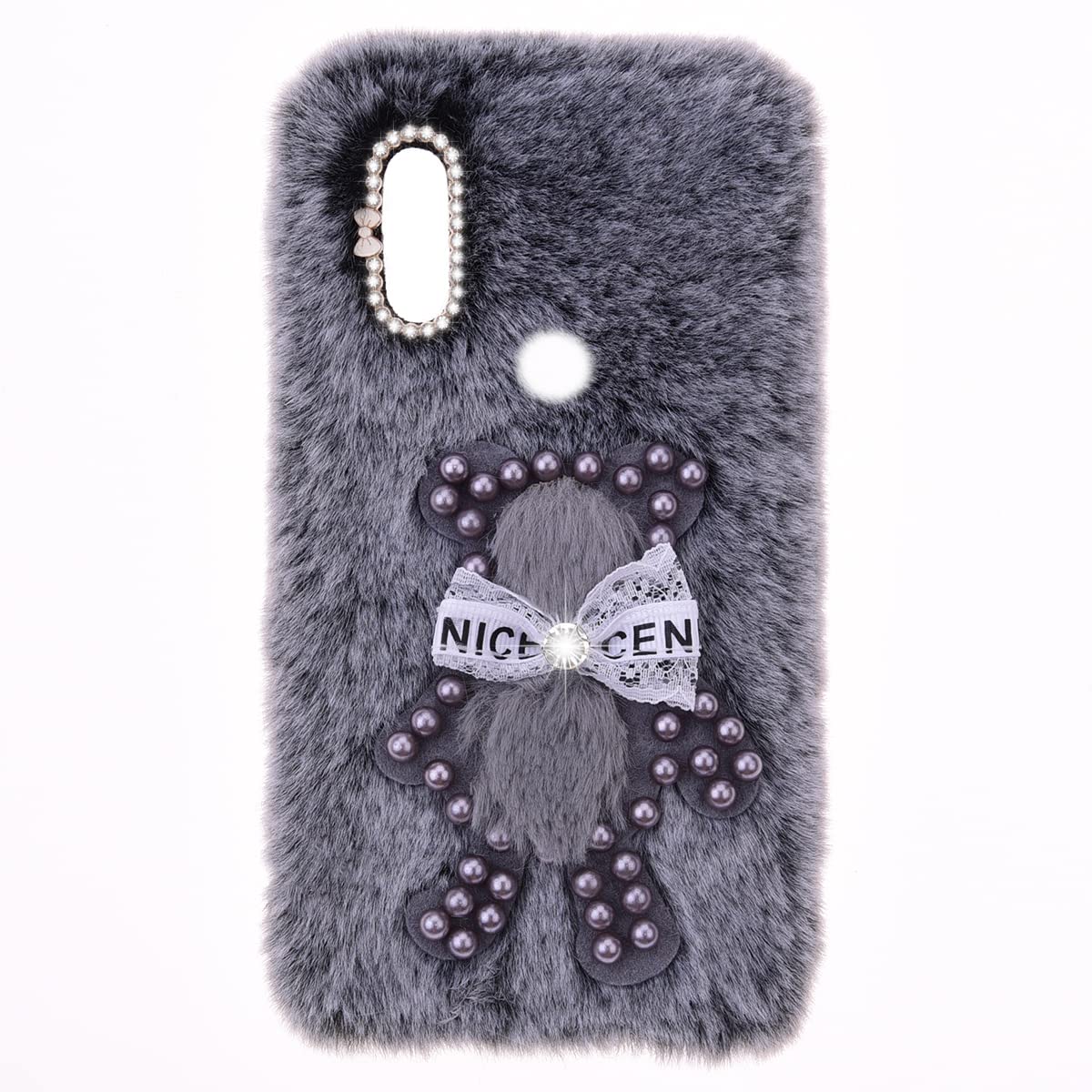 SNCLET Fluffy Fur Plush Case for Samsung Galaxy A20e Case Girly Bear Faux Fur Case Shockproof Back Bumper Silicon Soft Fluffy Furry Chic Bling Diamond Bowknot Case for Samsung Galaxy A20e,Grey Bear