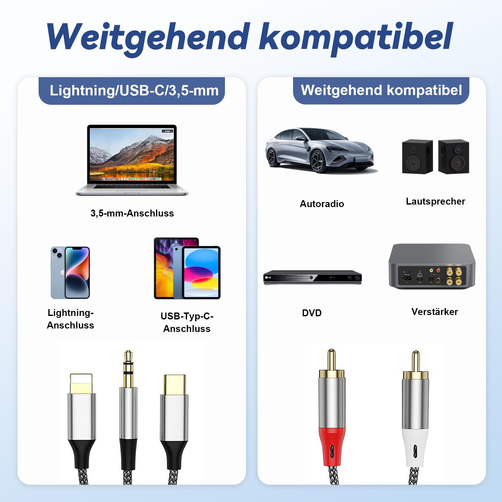 Câble Lightning/Type C Vers 2 RCA/Aux 1,2 M, Câble RCA/AUX Avec Fonction De Charge, Pour Interface Lightning/USB C, Pour IPhone 15/16 Series, Home Cinéma, DVD, Amplificateur, Haut-parleur, Autoradio