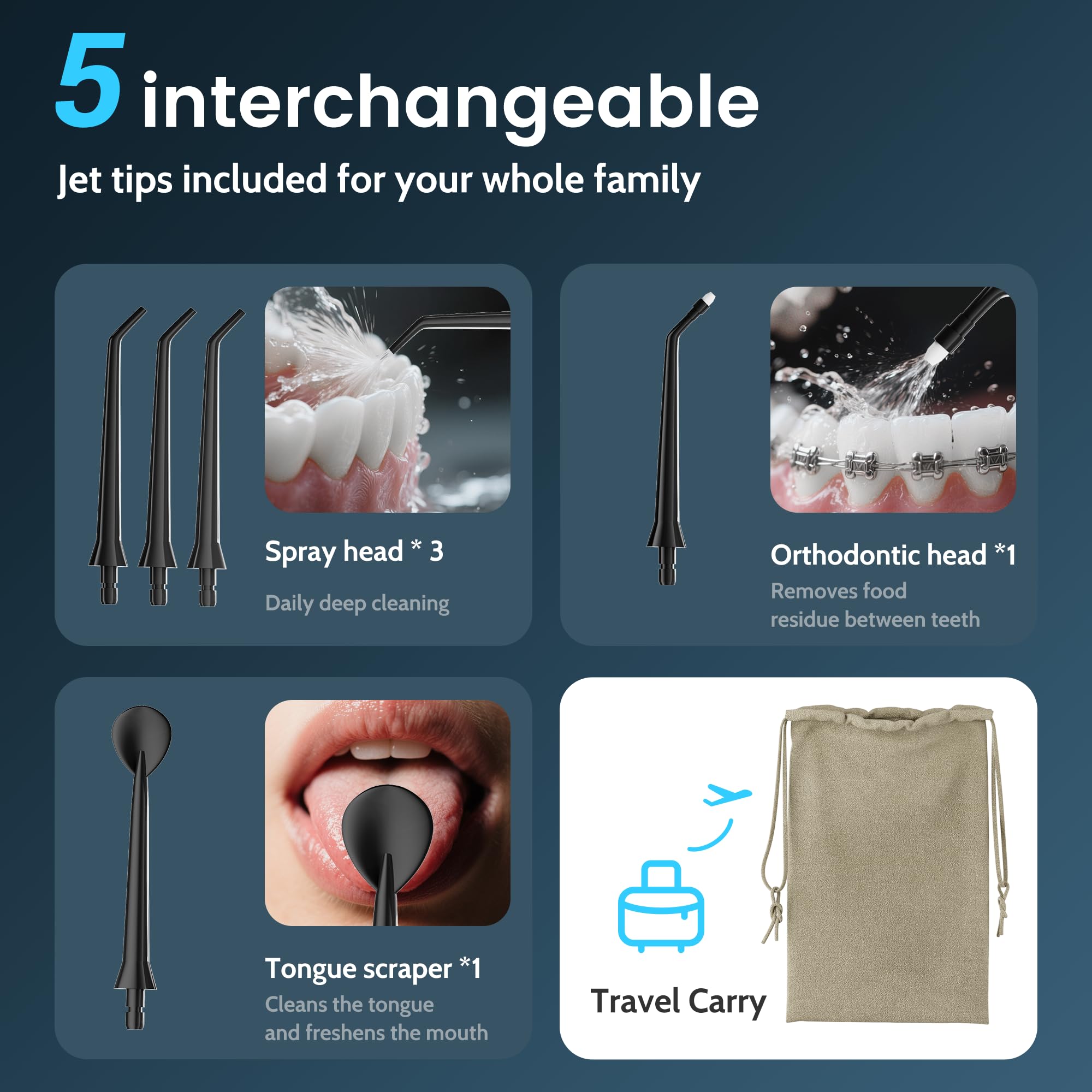 Hilo dental para dientes, hilo dental eléctrico para adultos, púas dentales de agua para limpieza de dientes y hilo dental, hilo dental portátil para tamaño de viaje, bolsa de viaje y 4 puntas, IPX7